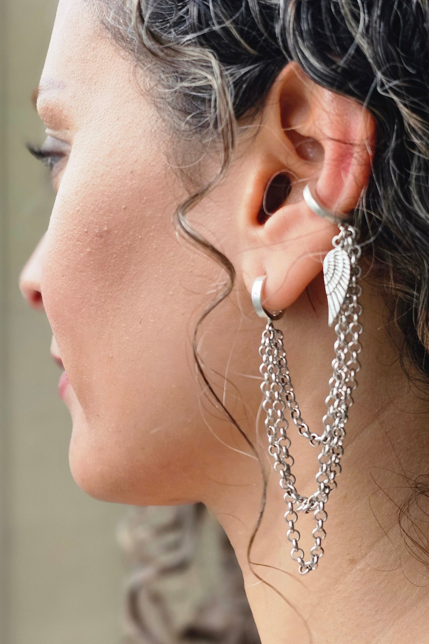 Silver Leaf Chain Ear Cuff Earring