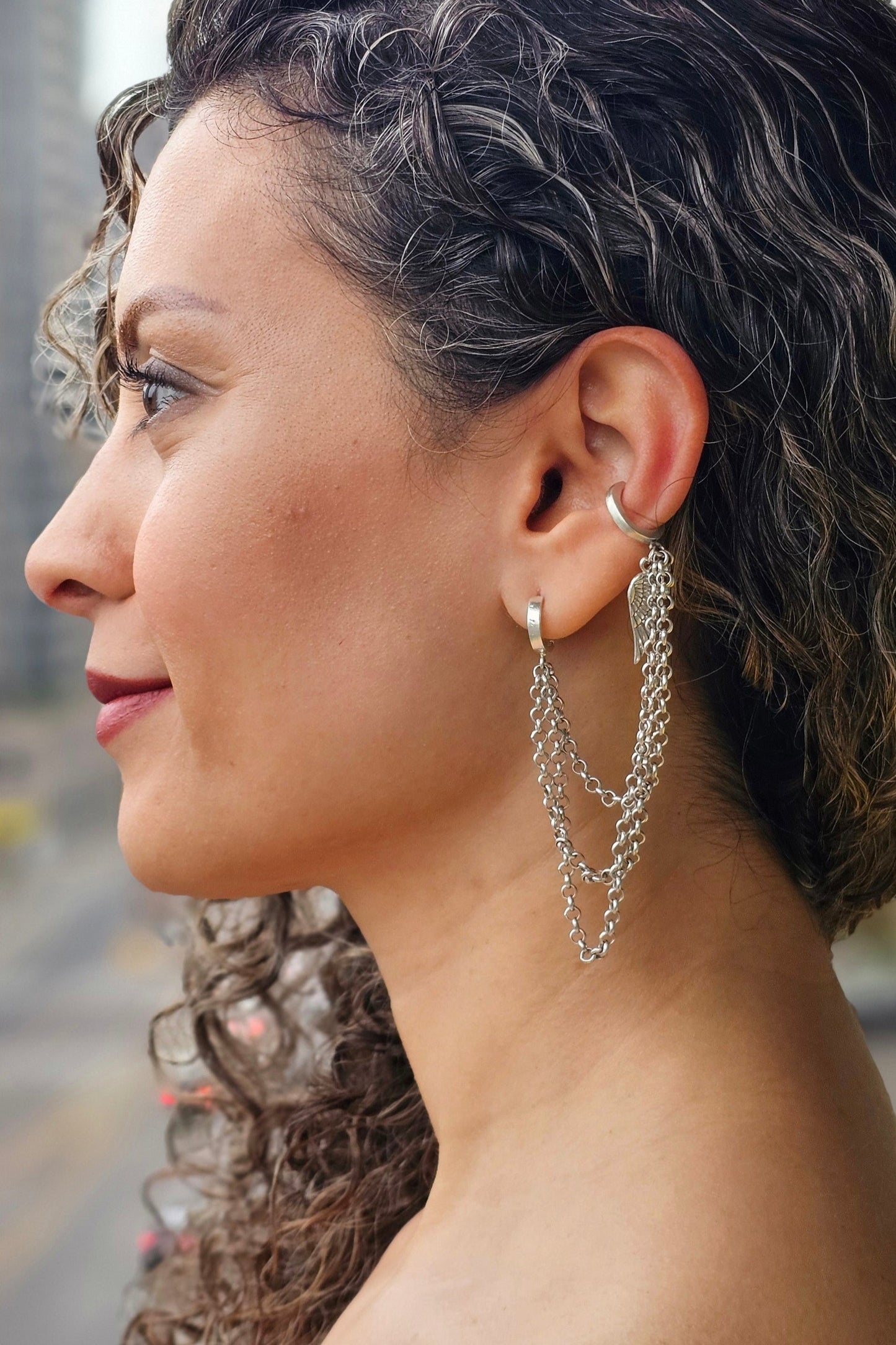 Silver Leaf Chain Ear Cuff Earring