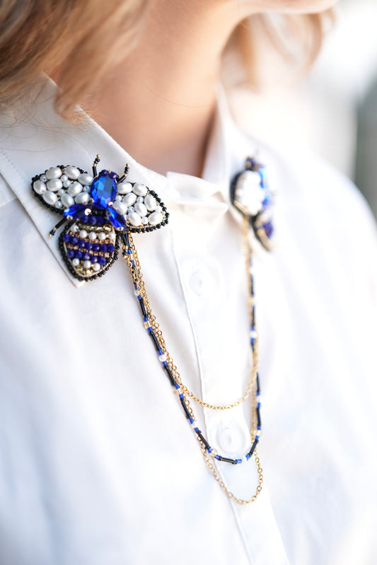 Handmade White Oversized Shirt Dress with Embellished Collar and Gold Bead Cuffs