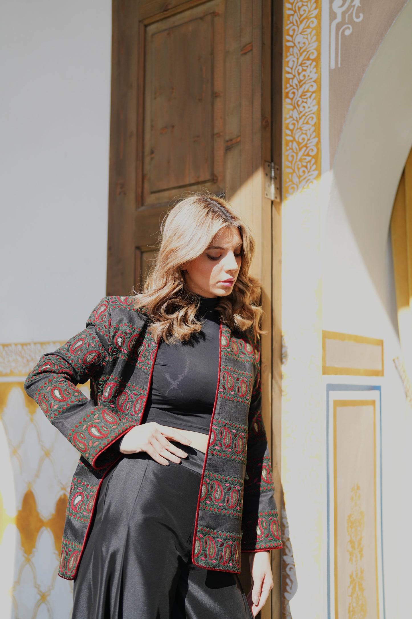 Black Embroidered Jacket with Red and Green Details