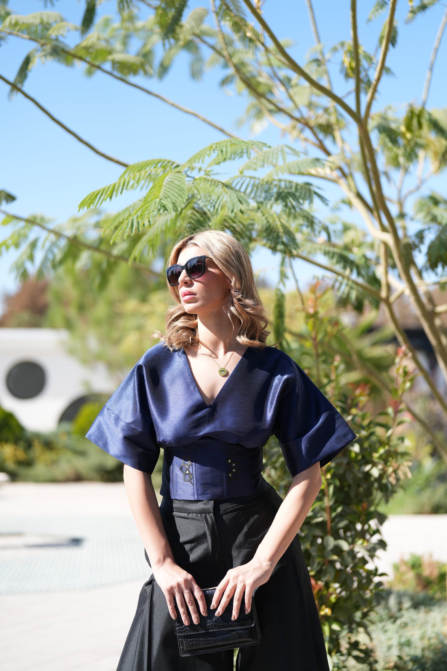 Blue Structured V-Neck Top with Corset Waist