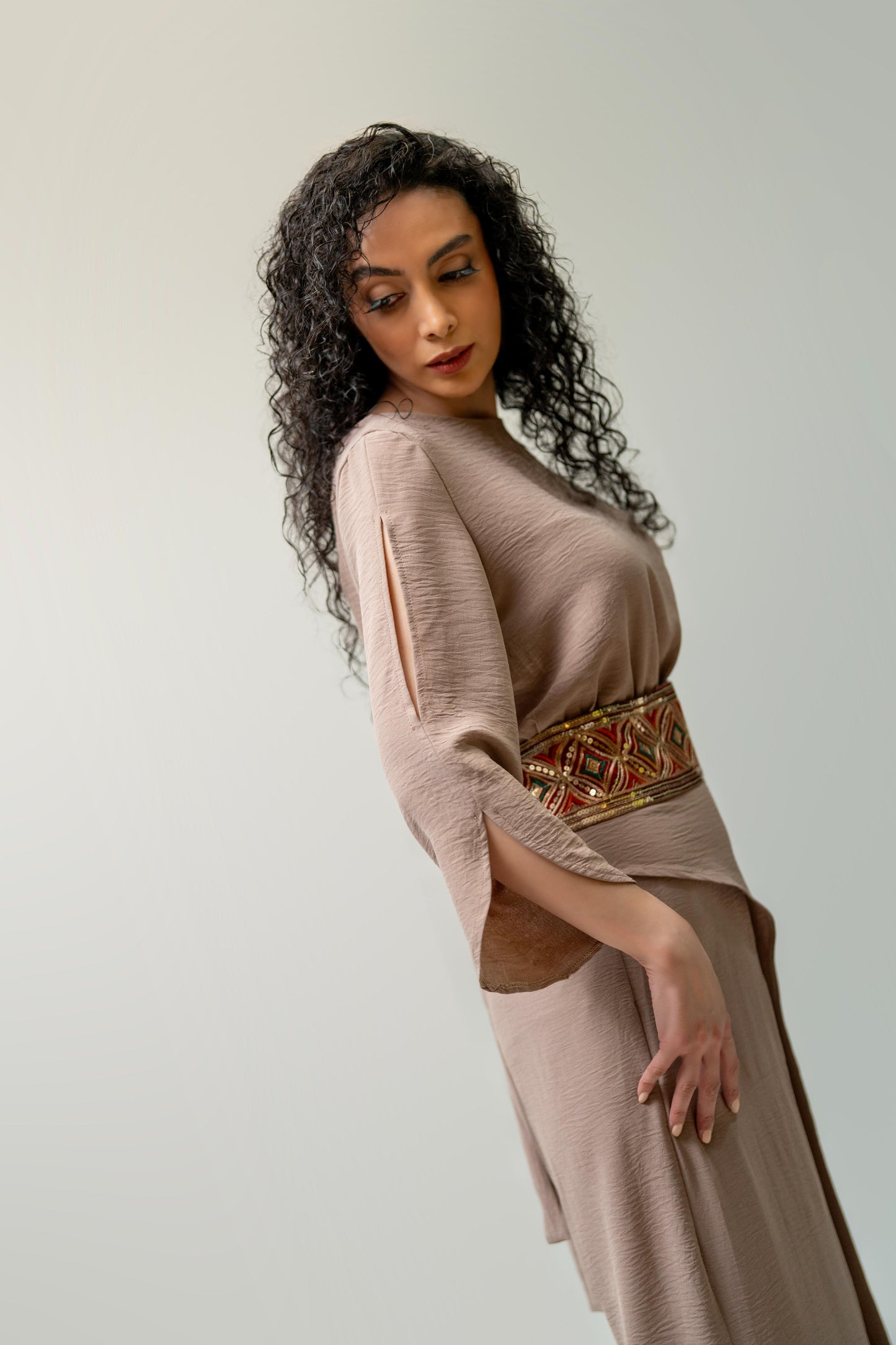 Beige Wide-Leg Jumpsuit with Embroidered Waist Belt