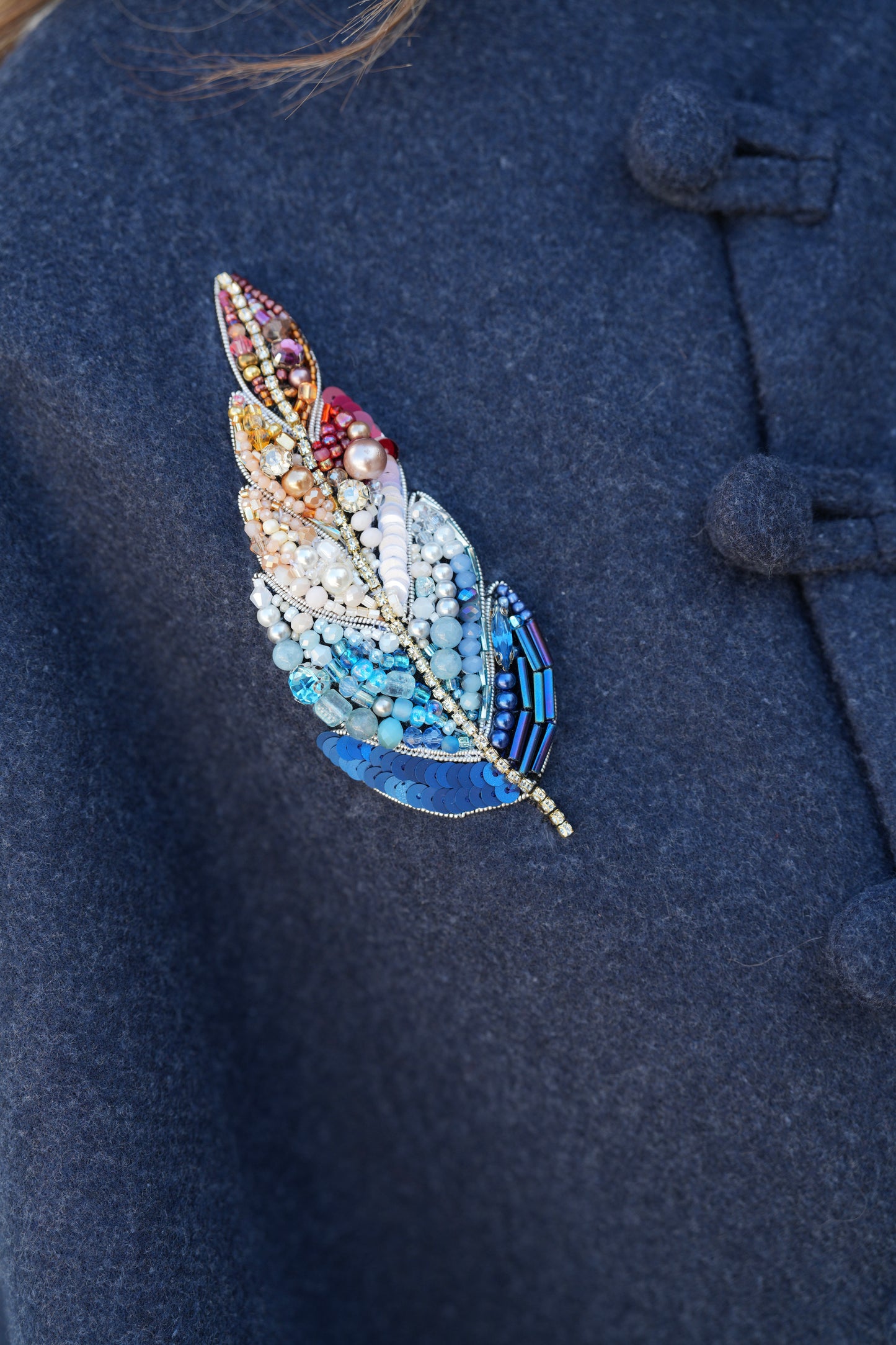 Navy Wool Poncho with Beaded Feather Detail