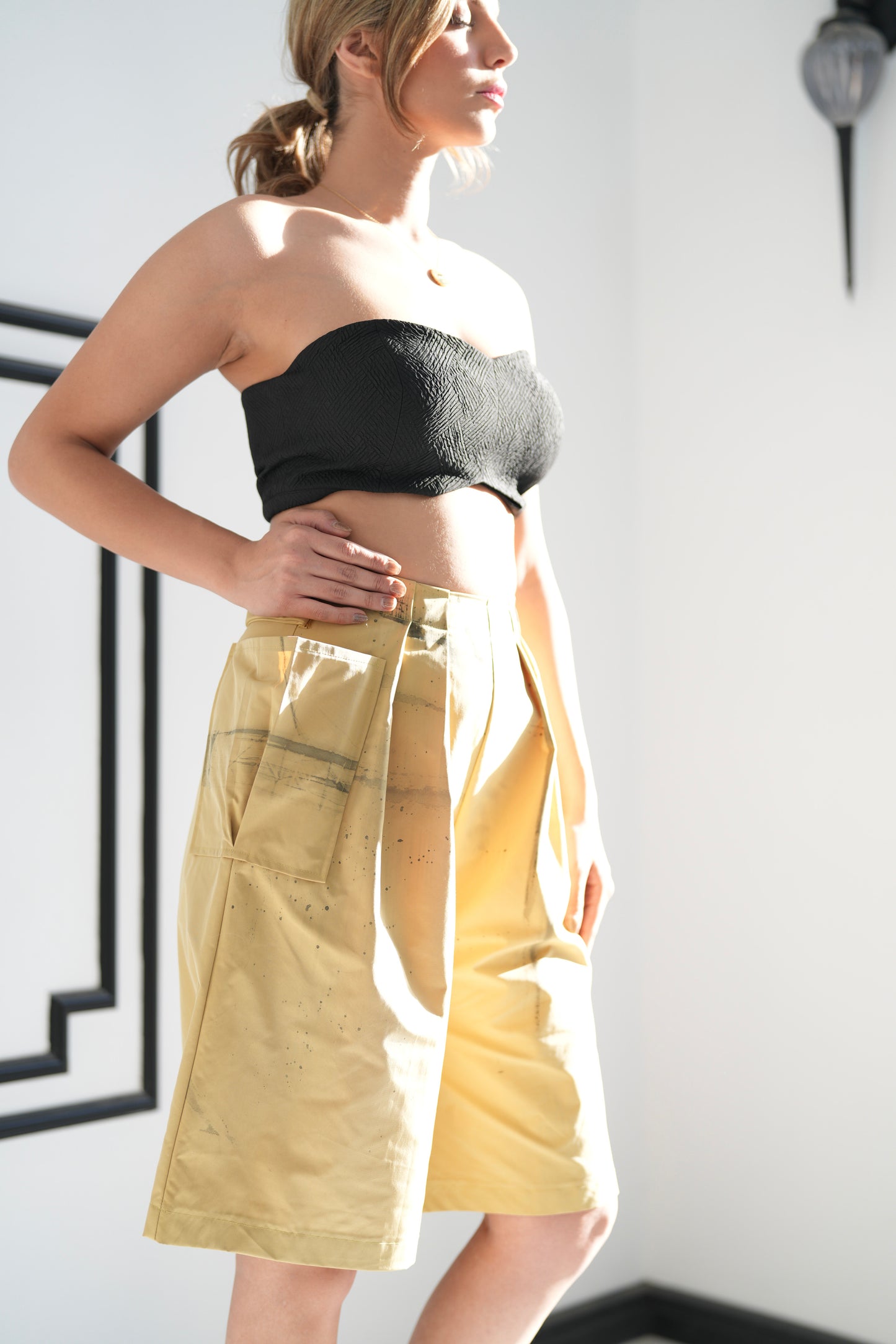 Hand-Painted Mustard Pleated Shorts