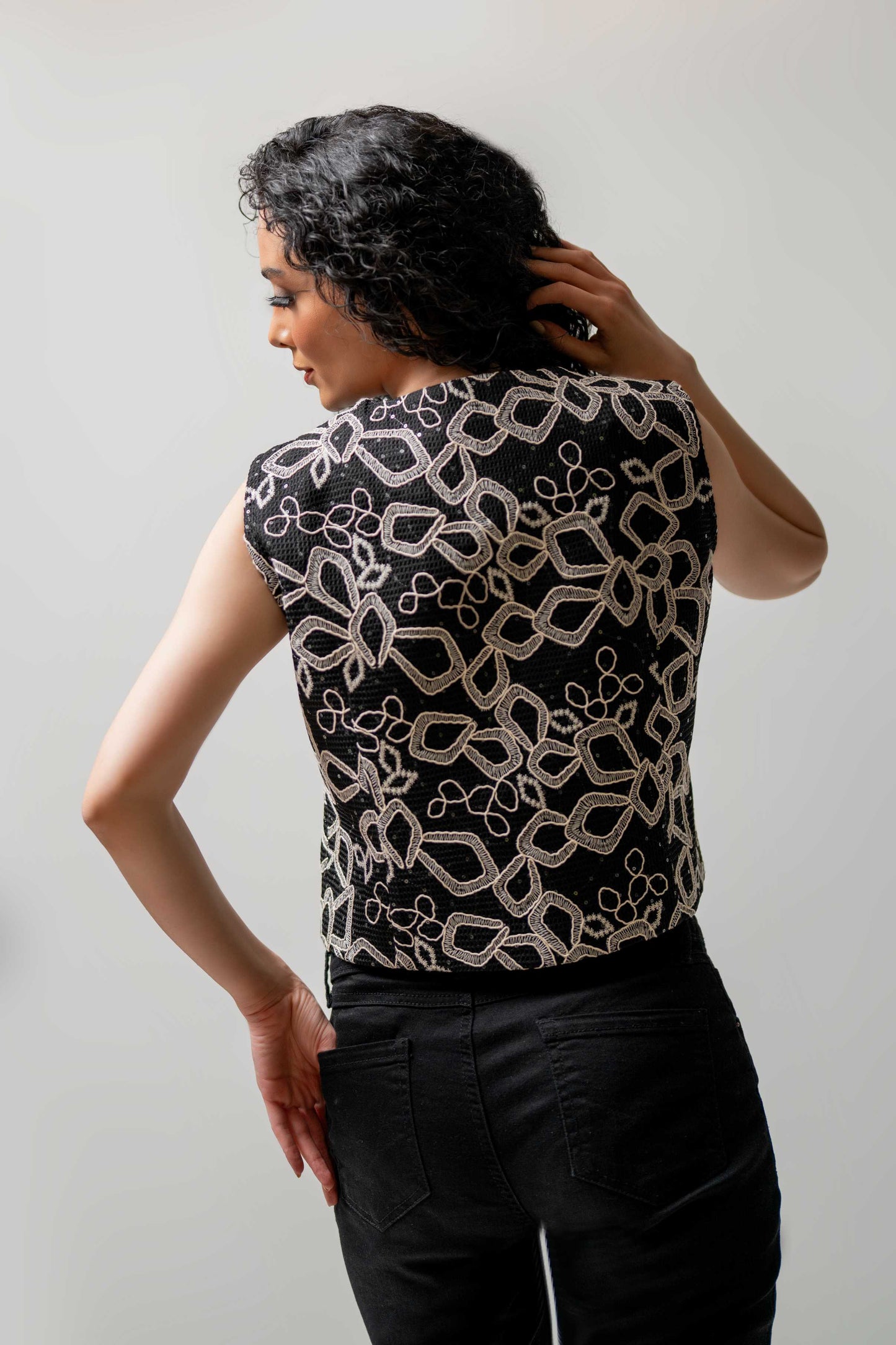 Black Embroidered Button-Up Vest