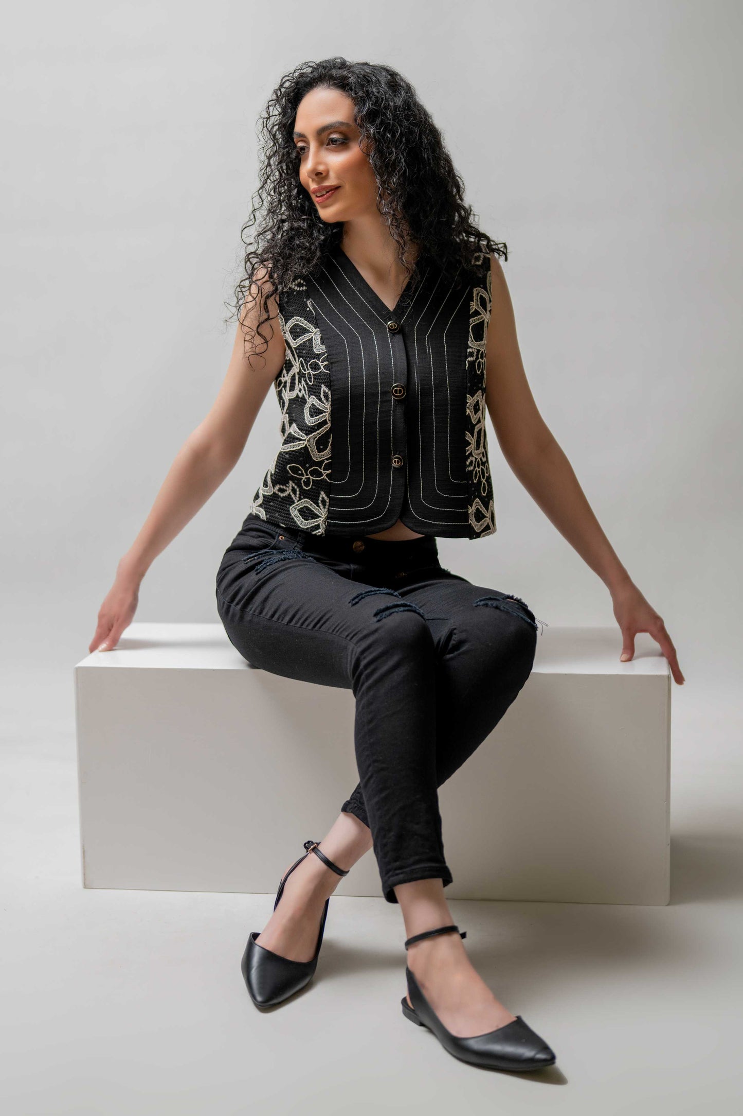 Black Embroidered Button-Up Vest