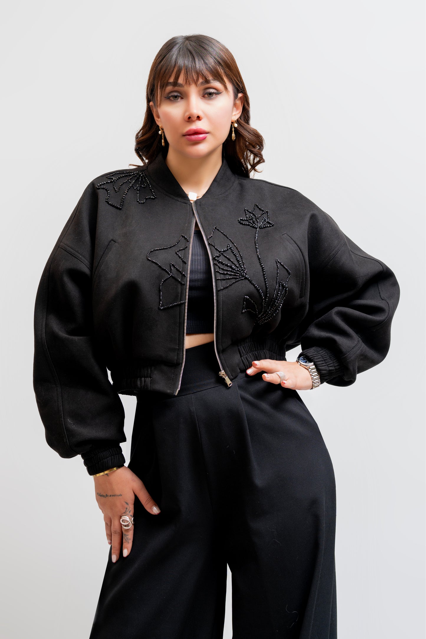 Black Cropped Beaded Floral Jacket