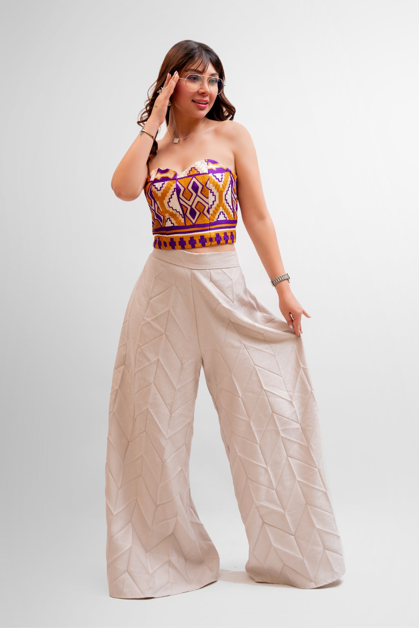 Cream High-Waisted Wide-Leg Pants
