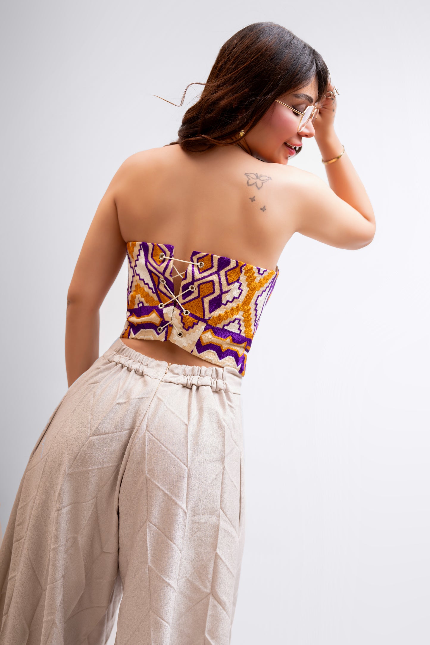 Handmade Orange & Purple Embroidered Strapless Top