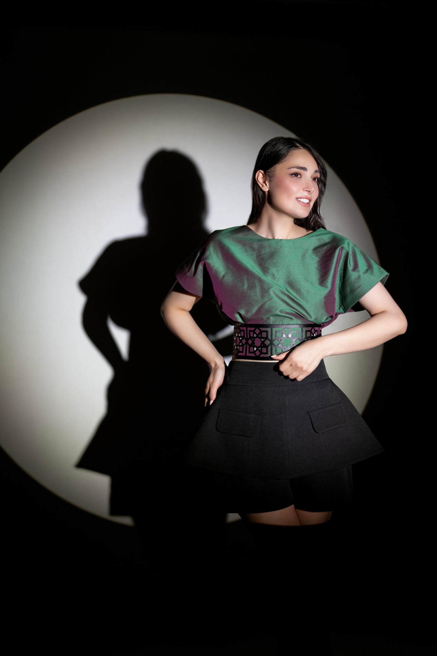 Iridescent Satin Top with Laser-Cut Waist