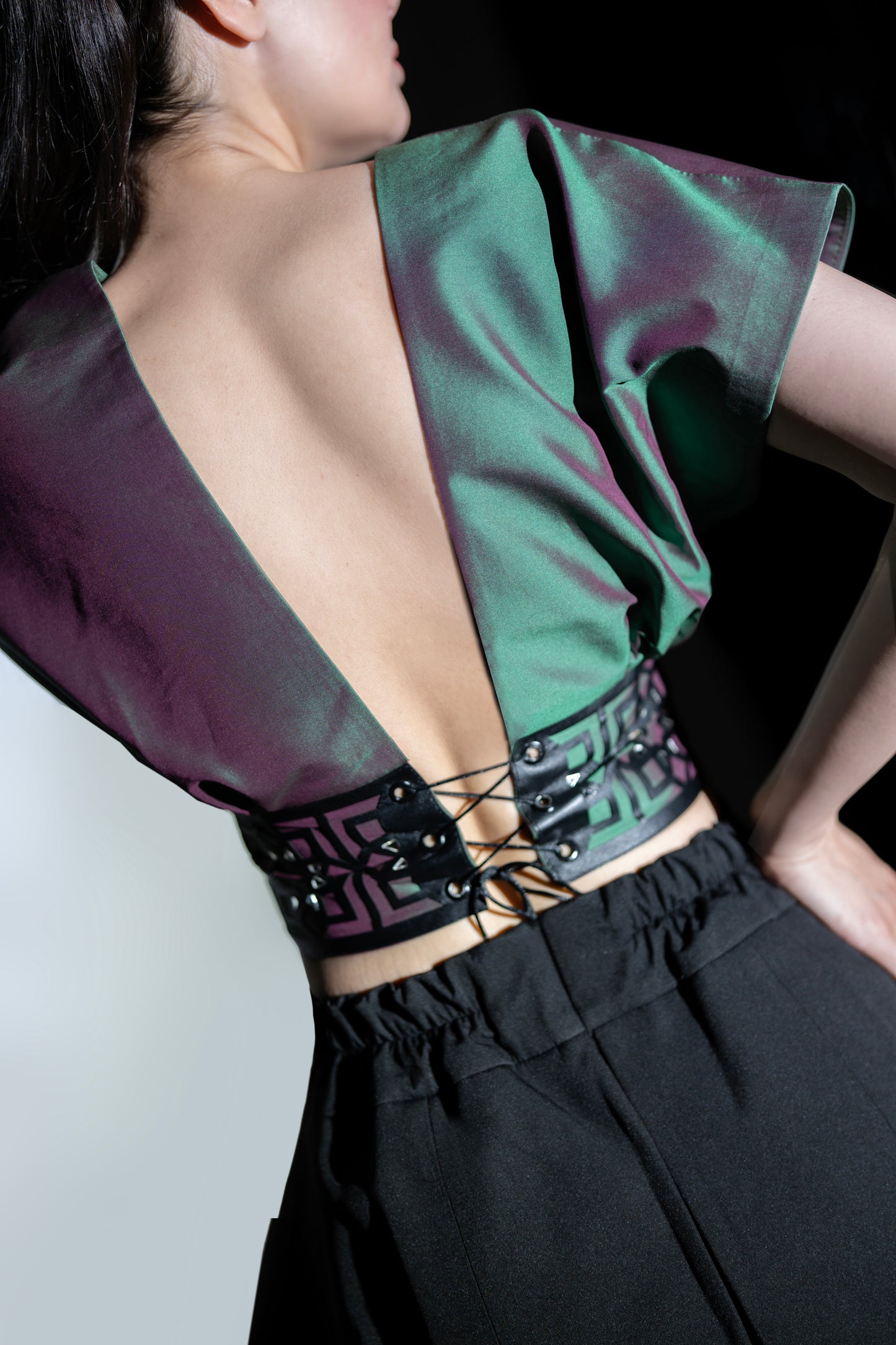 Iridescent Satin Top with Laser-Cut Waist
