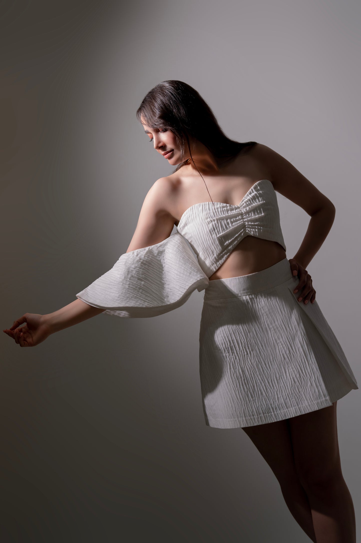 White One-Sleeve Top & Skirt Set