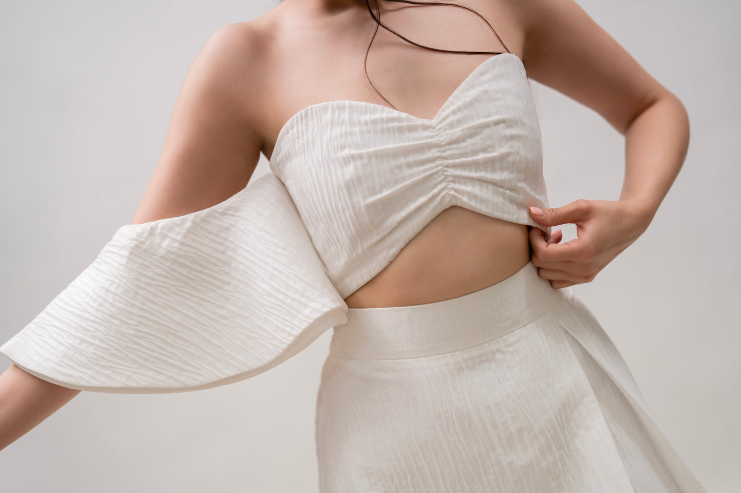 White One-Sleeve Top & Skirt Set