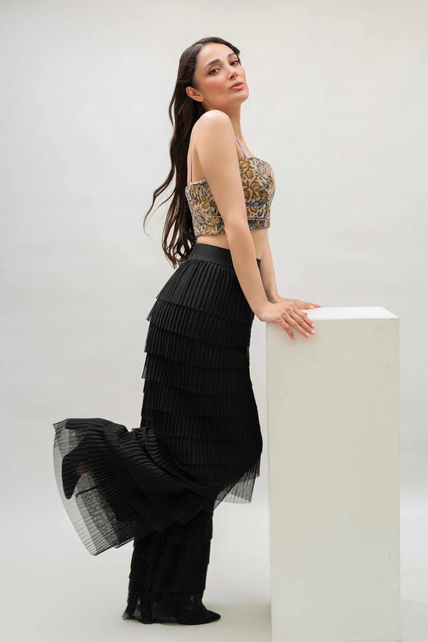 Black Tiered Pleated Wide-Leg Pants