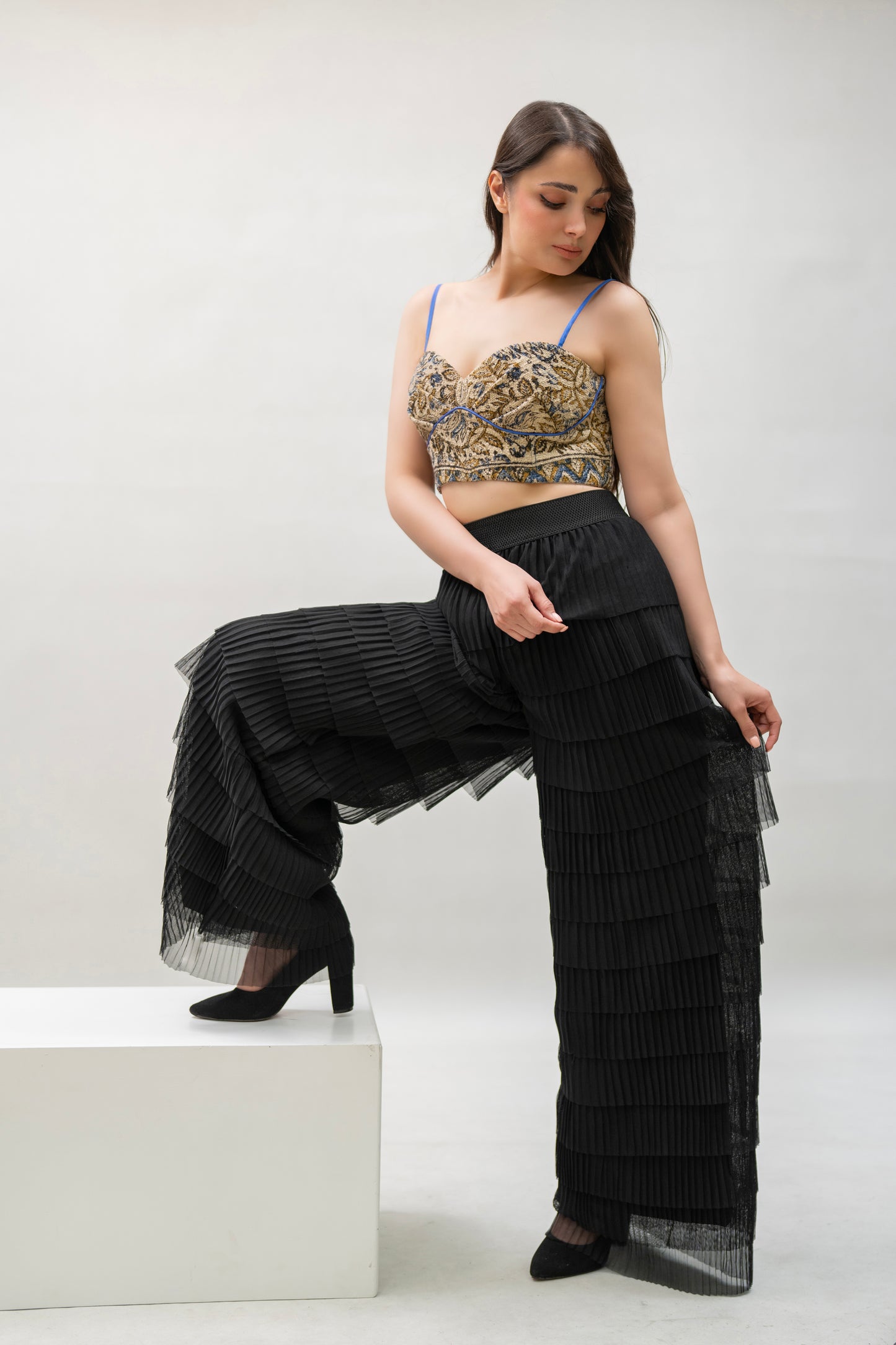 Black Tiered Pleated Wide-Leg Pants
