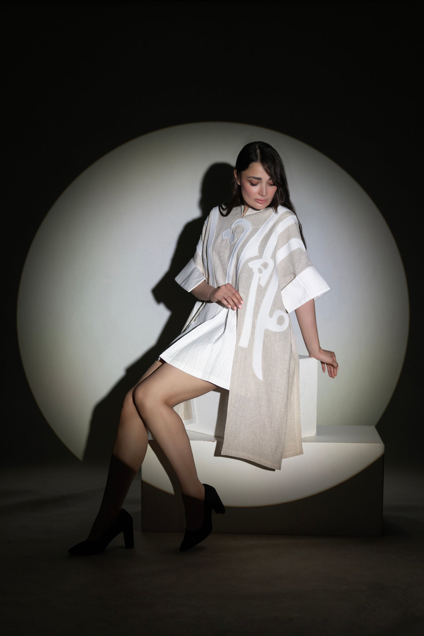 Beige Oversized Top with 3D Appliqué & Pleated Detail
