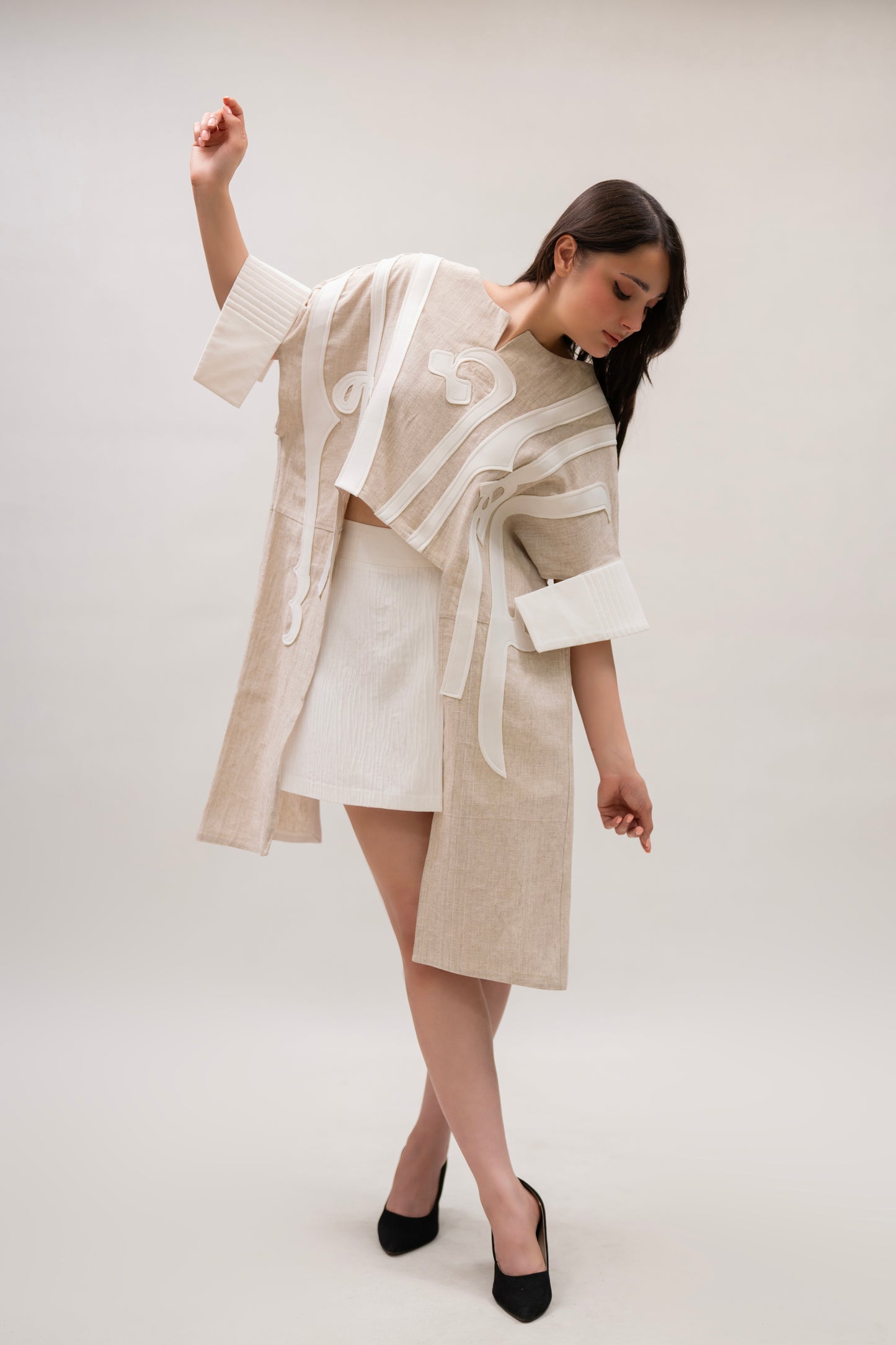 Beige Oversized Top with 3D Appliqué & Pleated Detail
