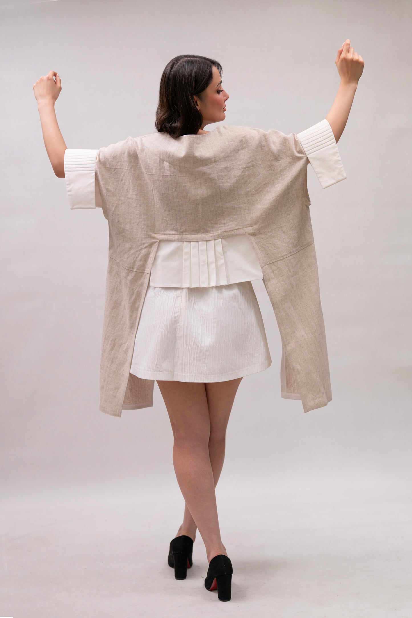 Beige Oversized Top with 3D Appliqué & Pleated Detail