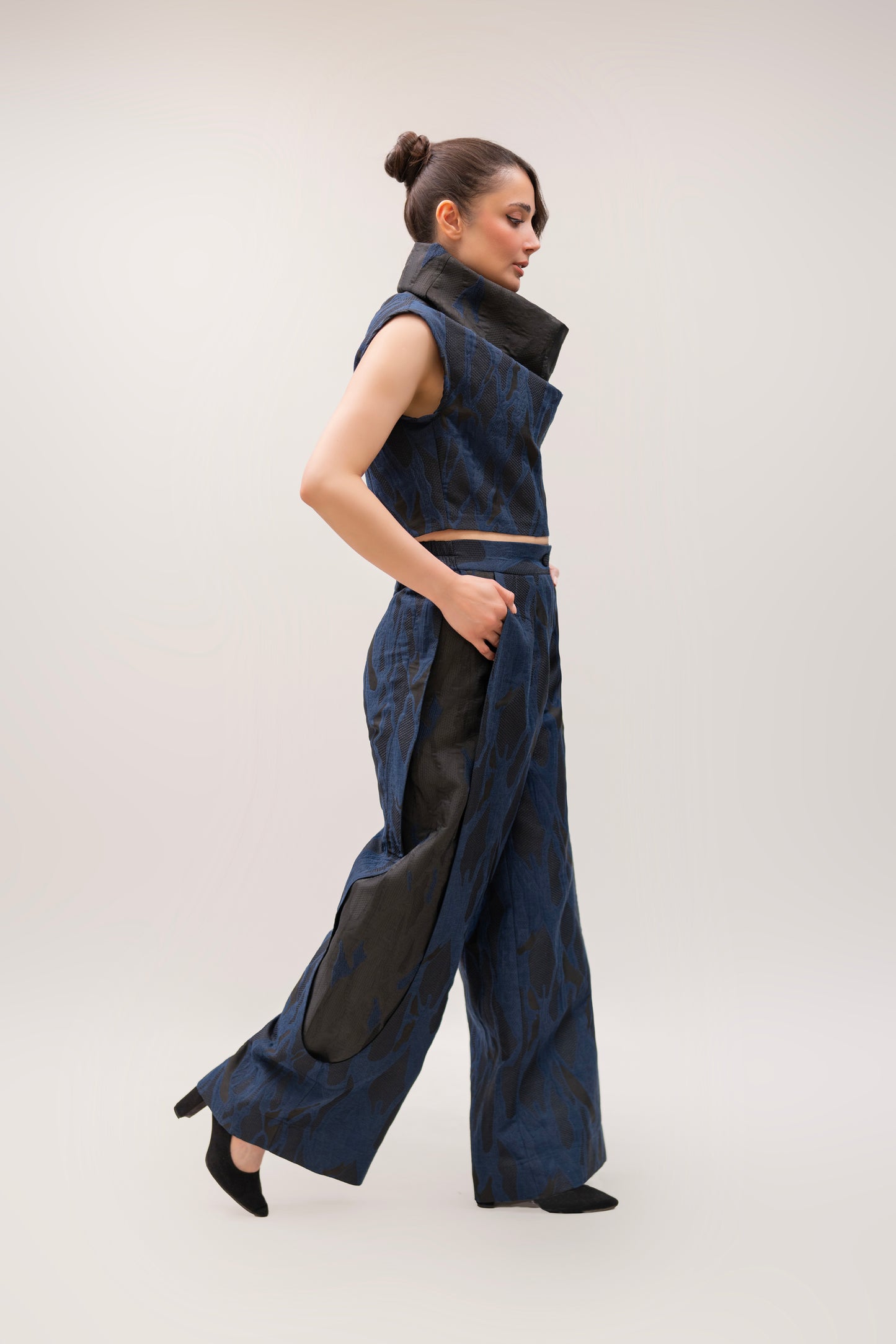 Navy Jacquard Cowl Top & Wide-Leg Pant Set