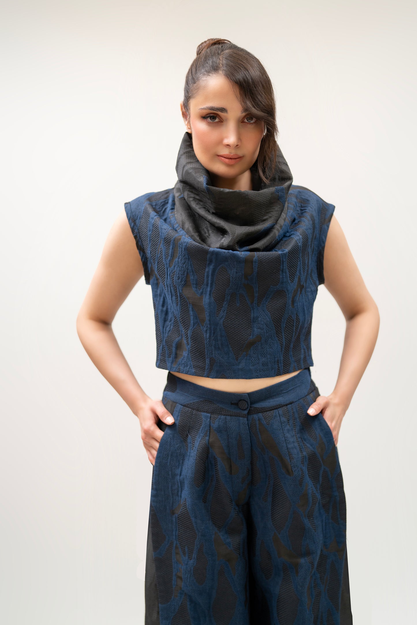 Navy Jacquard Cowl Top & Wide-Leg Pant Set