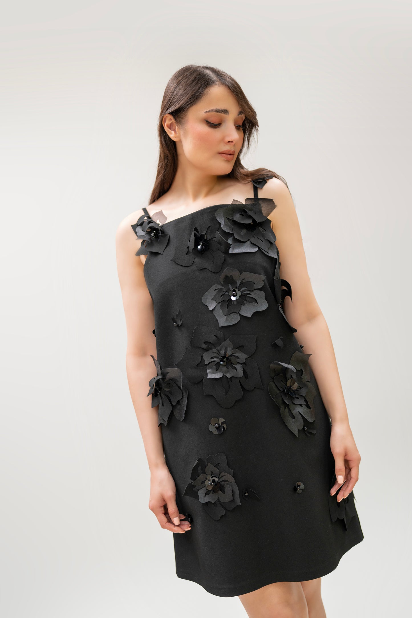 Black 3D Floral Appliqué Mini Dress
