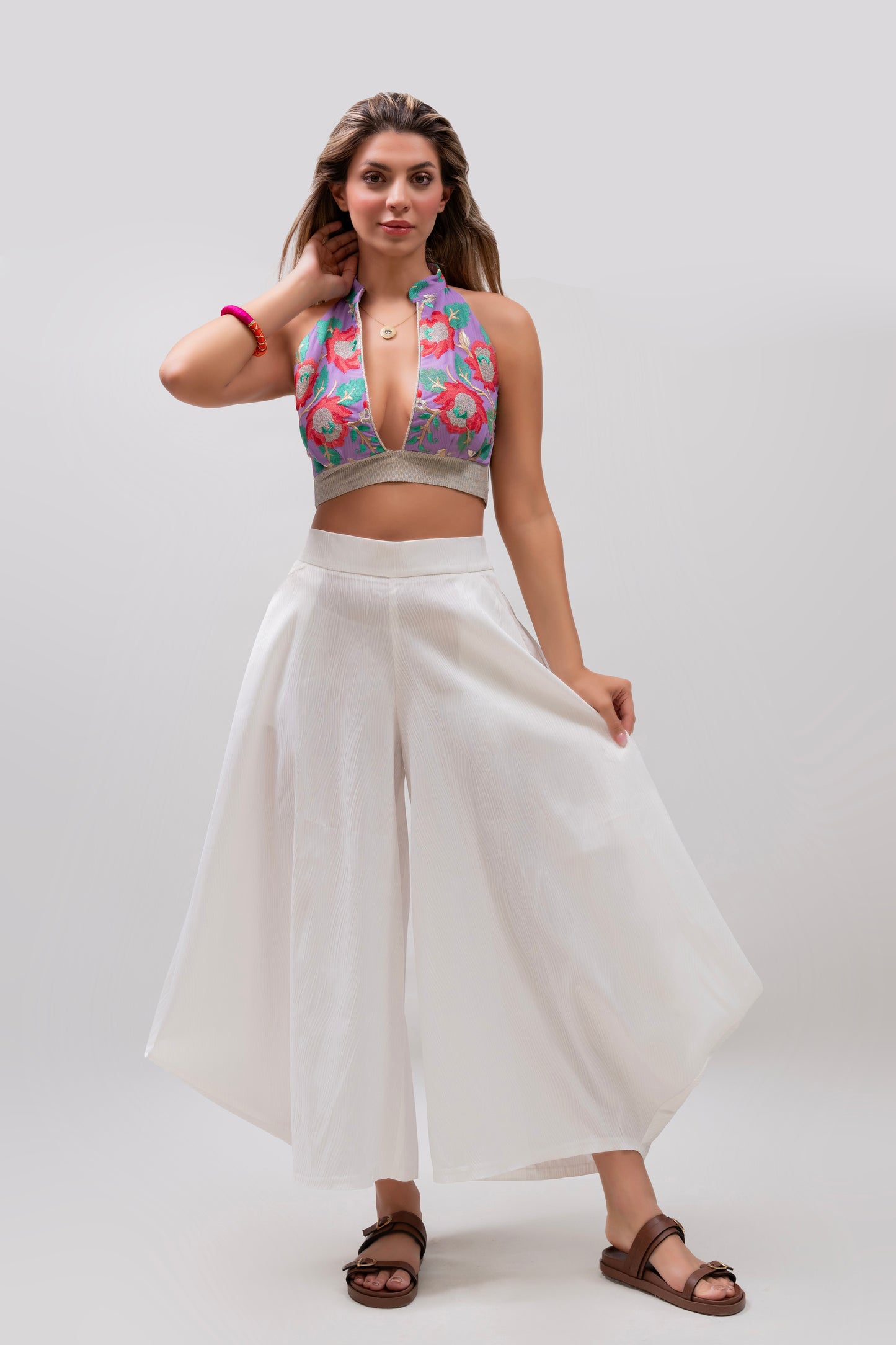 Floral Embroidered Halter Top – Lilac & Gold
