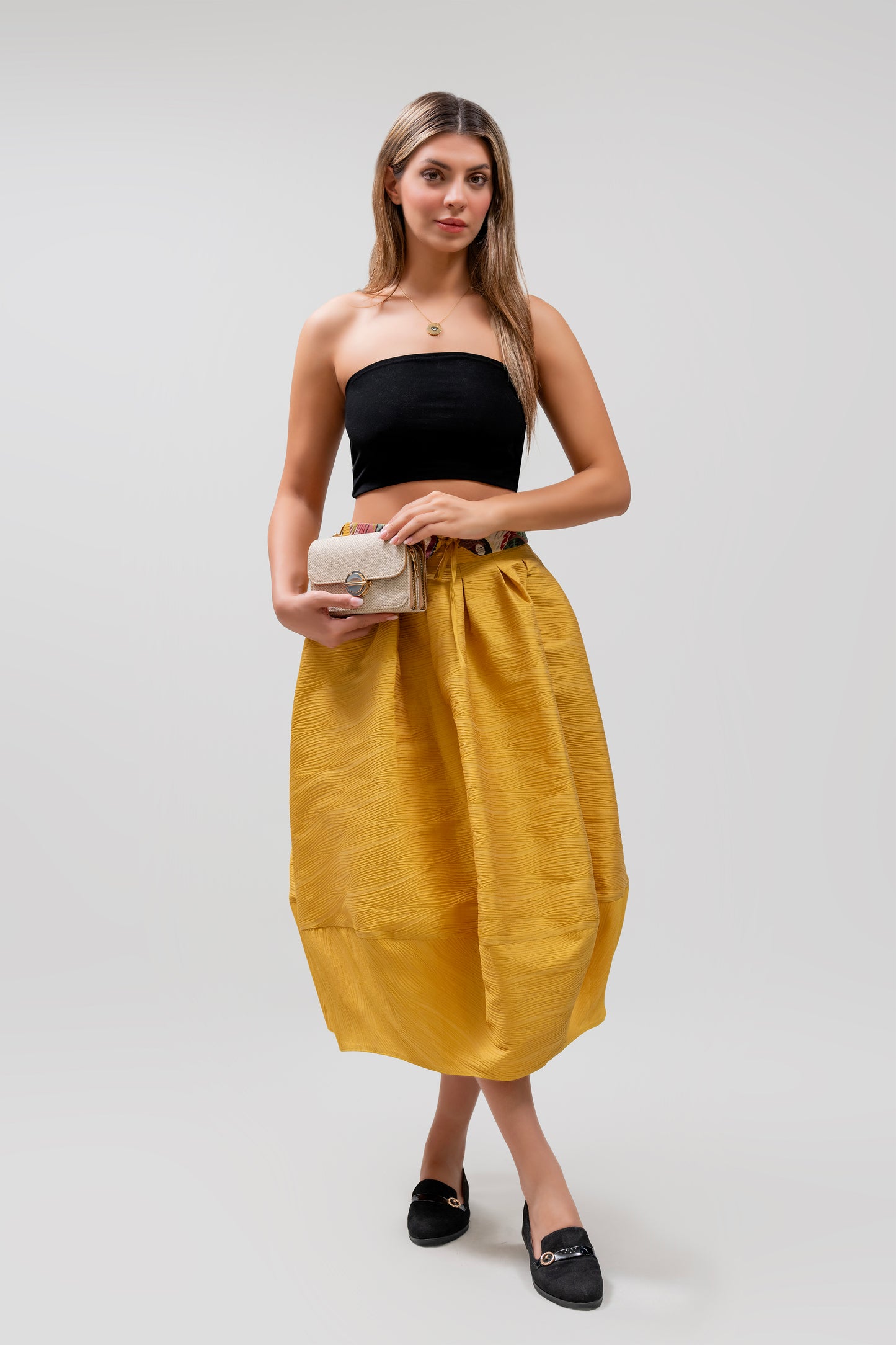 Mustard Pleated Midi Skirt with Embroidered Belt – Handmade