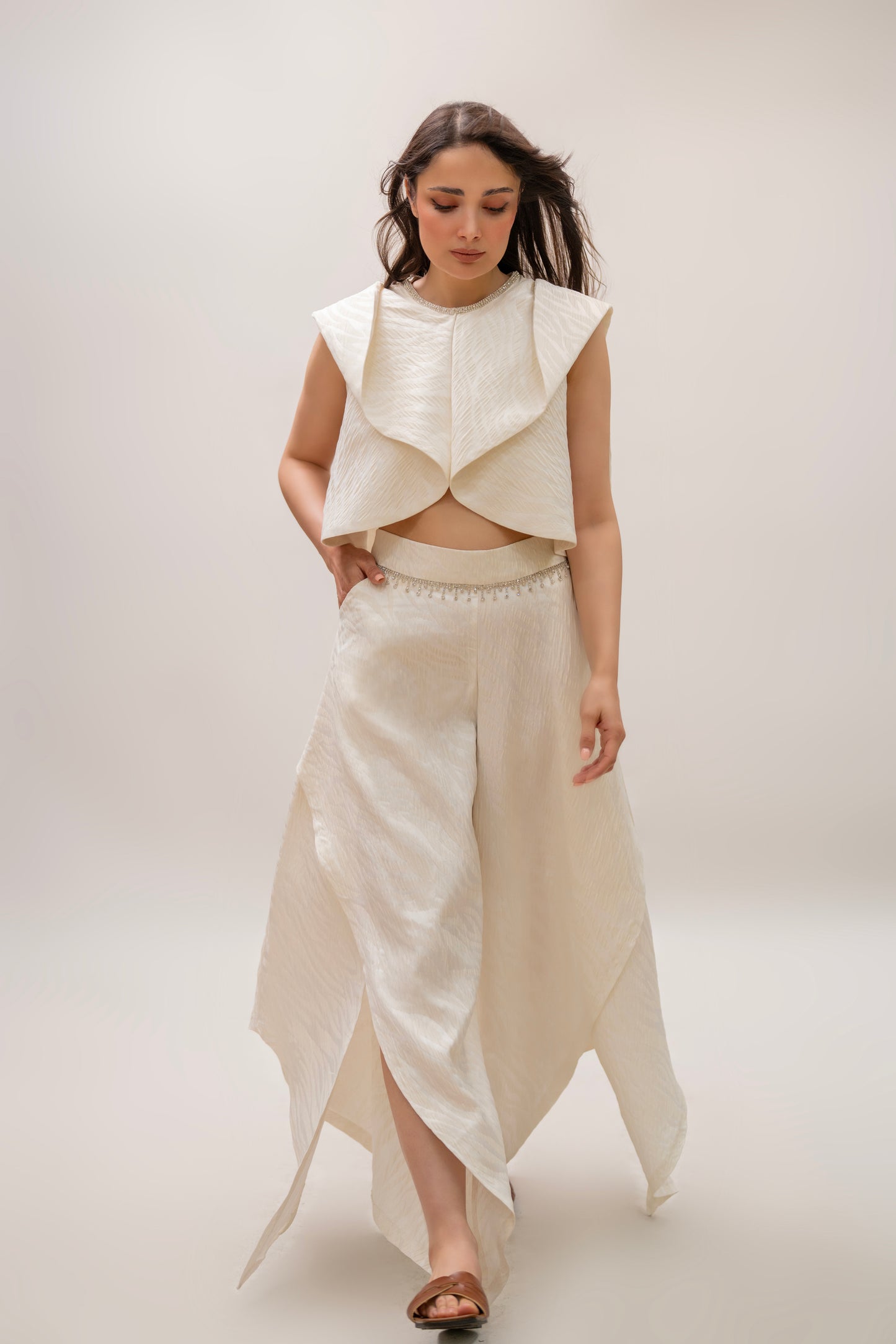 Ivory Sculpted Top & Wide-Leg Pant Set