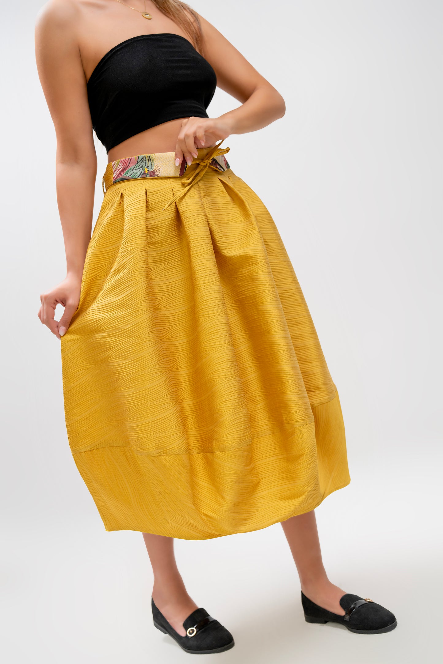 Mustard Pleated Midi Skirt with Embroidered Belt – Handmade