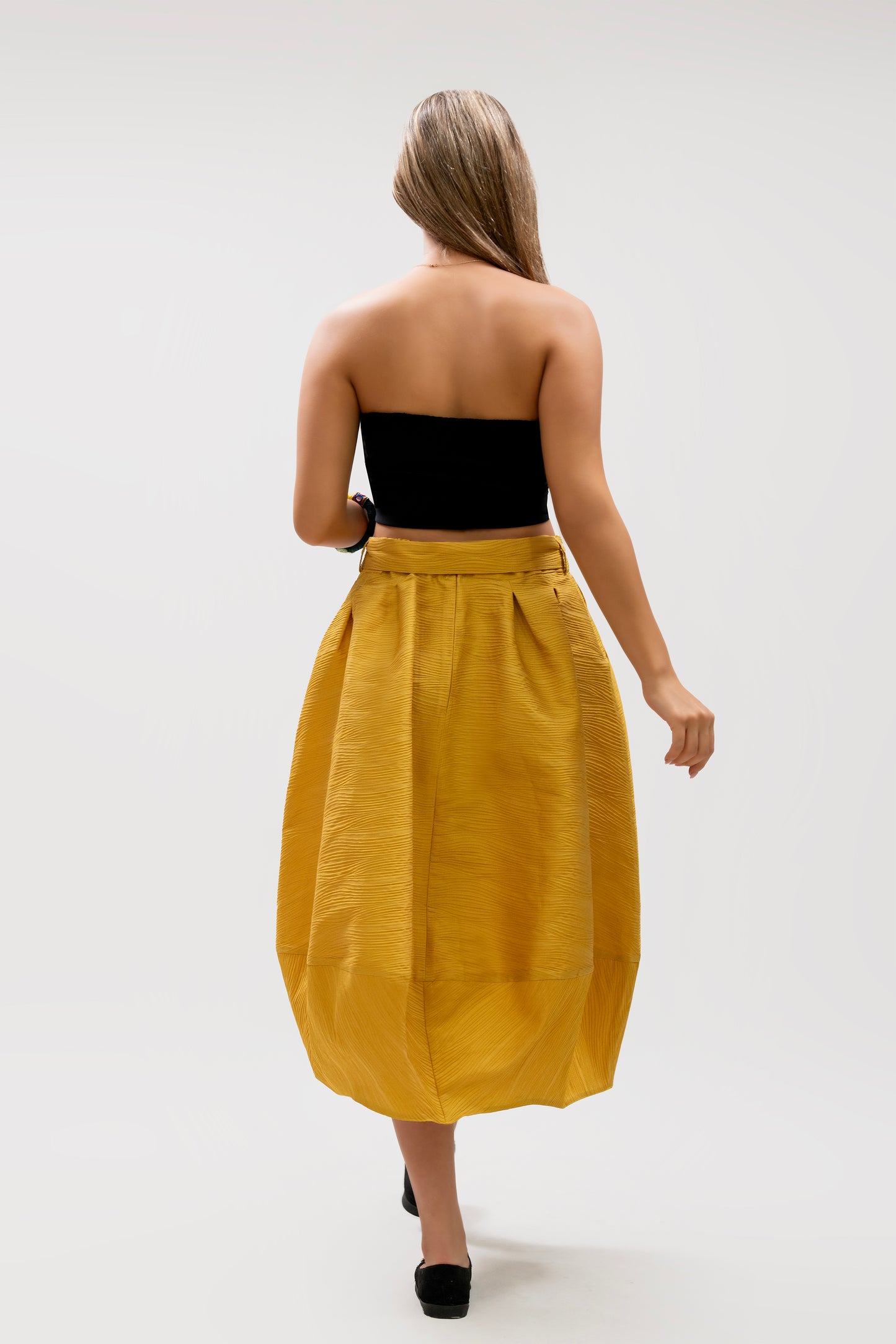 Mustard Pleated Midi Skirt with Embroidered Belt – Handmade
