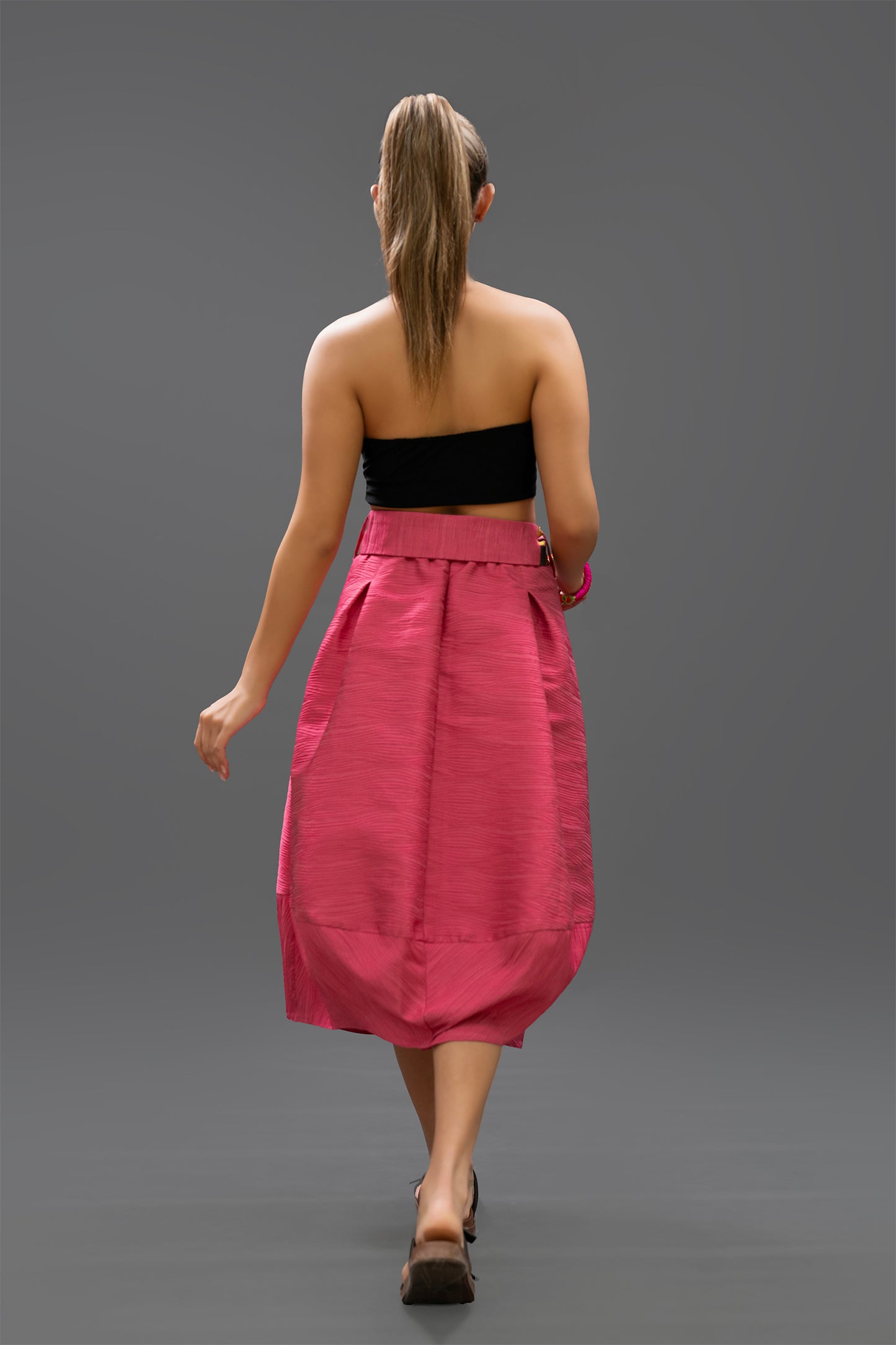 Pink Pleated Midi Skirt with Embroidered Belt – Handmade