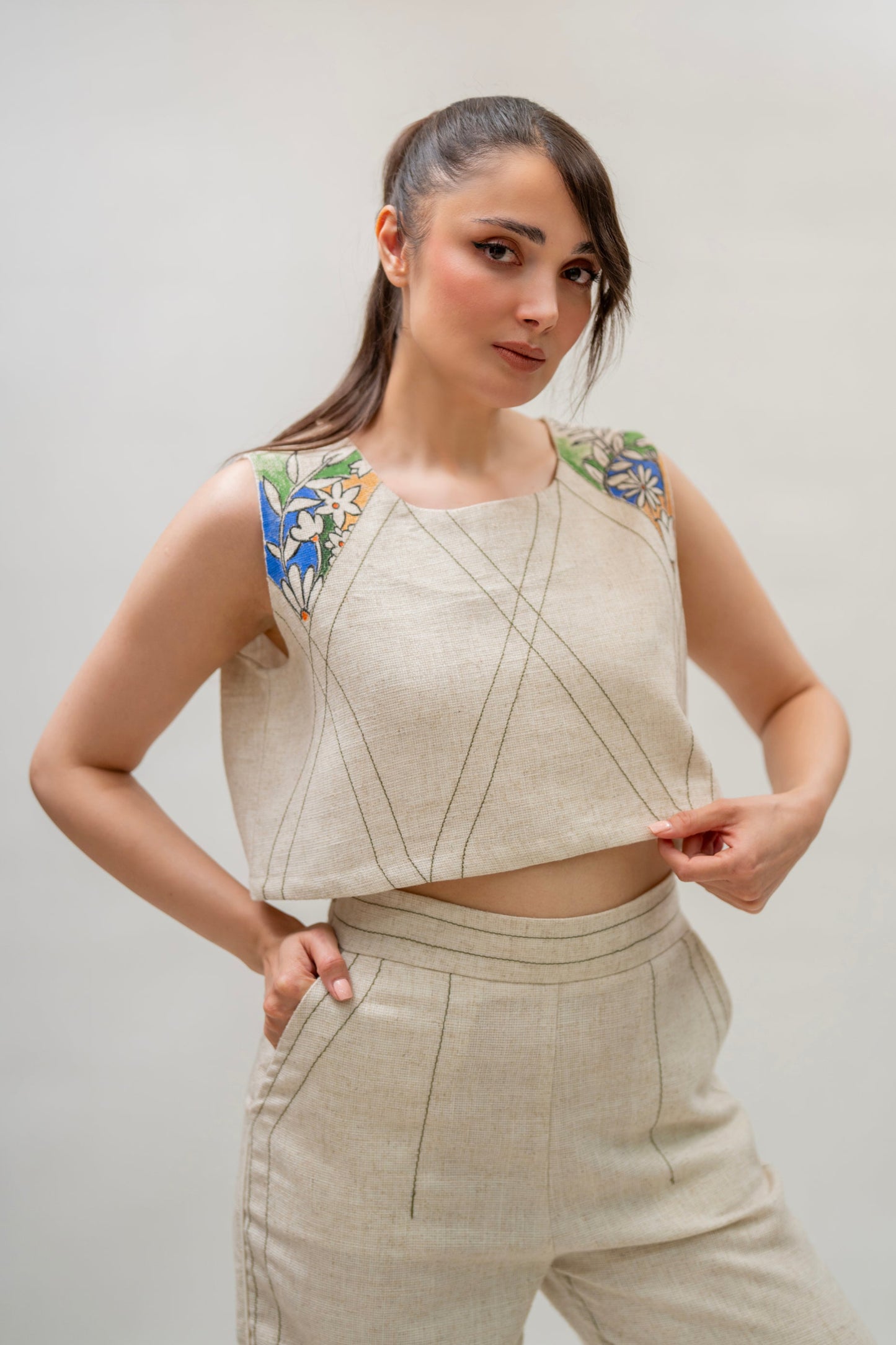 Beige Linen Crop Top with Hand-Painted Floral Detail