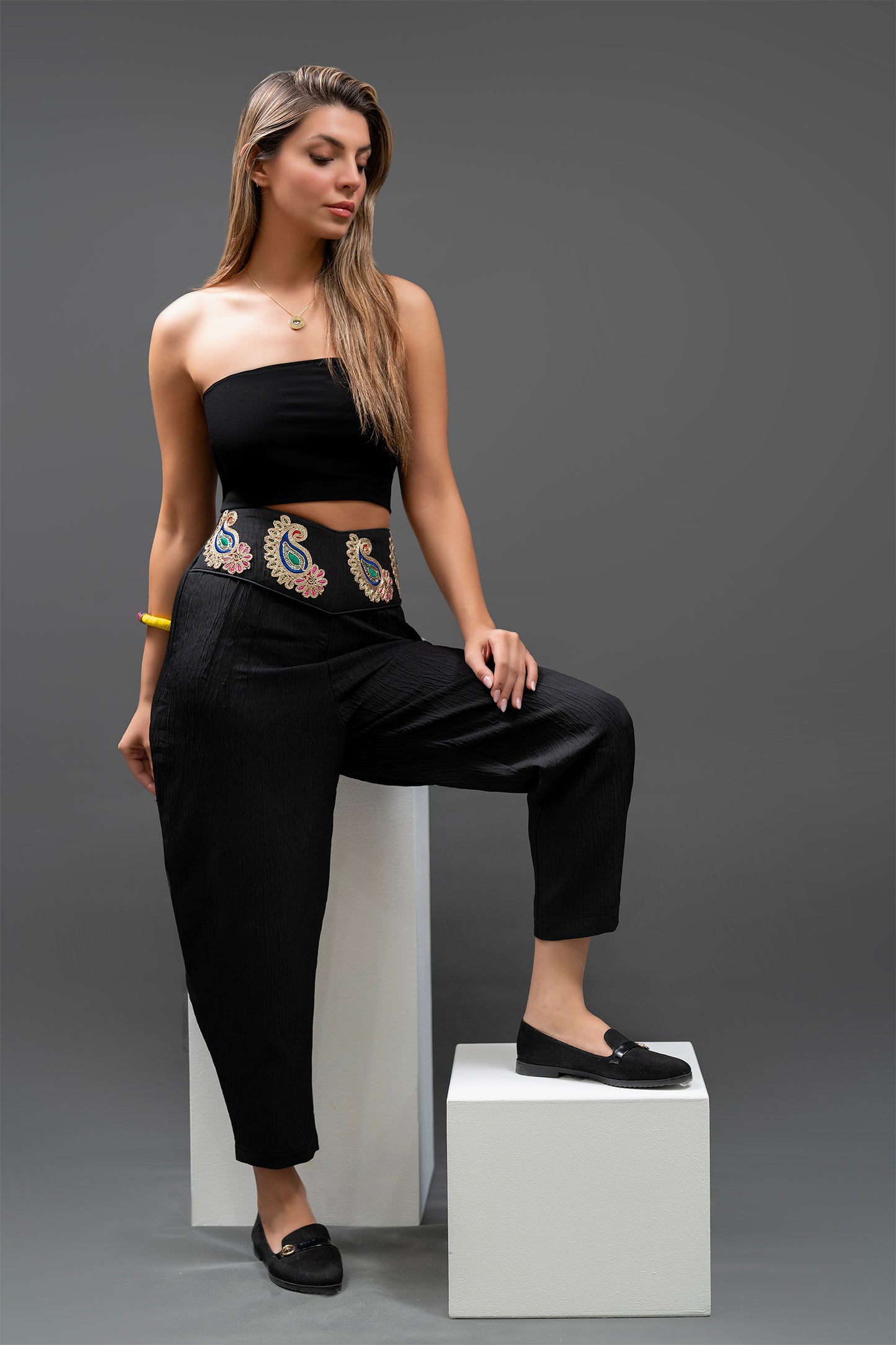 Handmade Black High-Waist Pants with Embroidered Belt