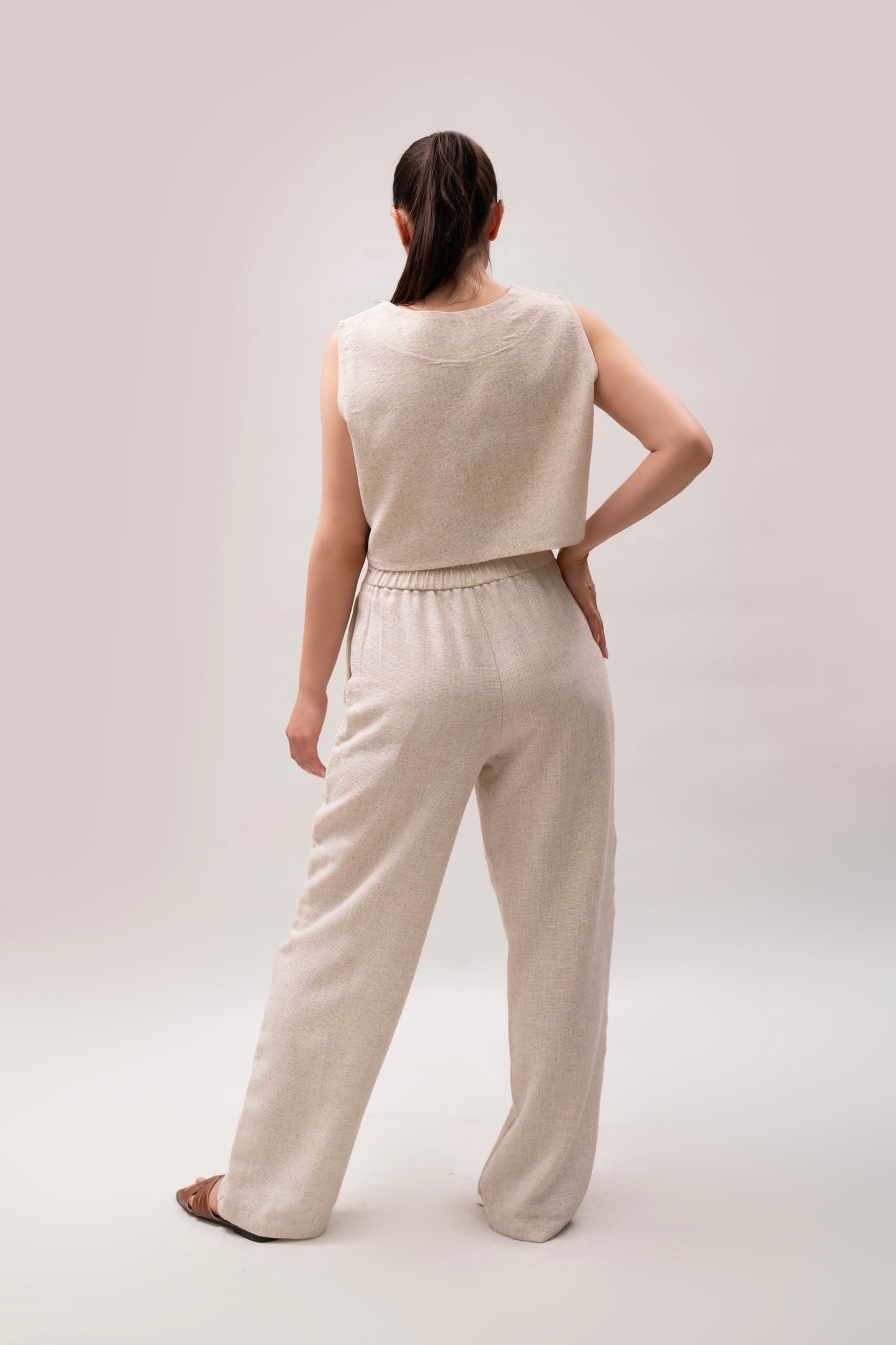 Beige Linen Straight-Leg Pants with Contrast Stitching