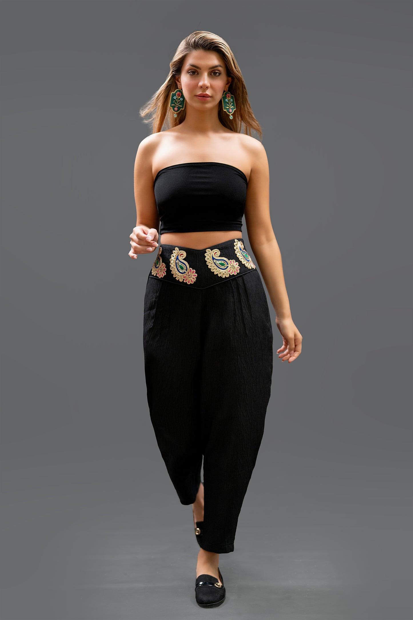 Handmade Black High-Waist Pants with Embroidered Belt