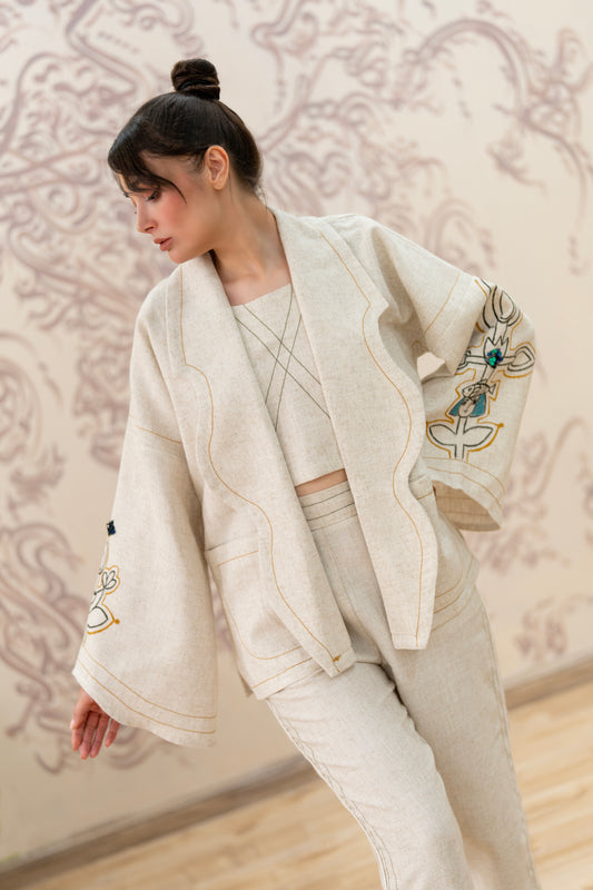 Linen Blazer & Pants Set with Hand-Painted Sleeves