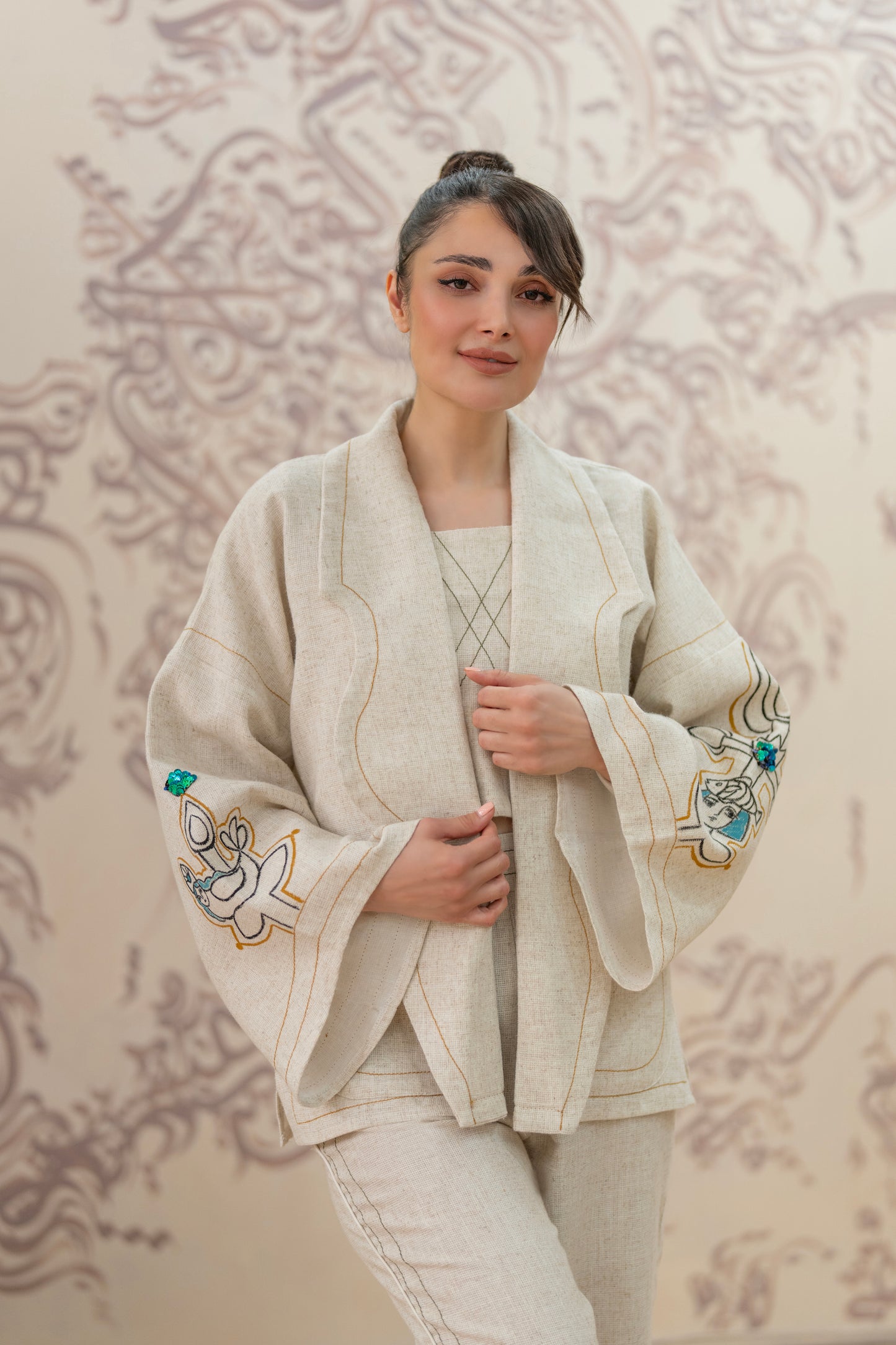 Linen Blazer & Pants Set with Hand-Painted Sleeves