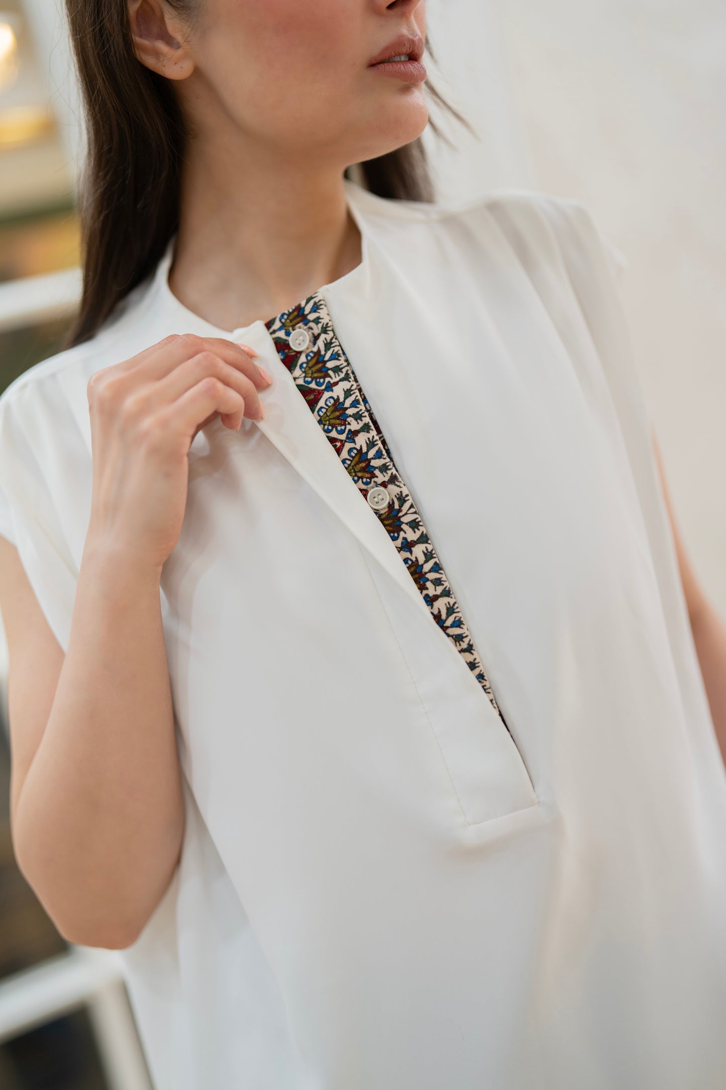 White Top with Traditional Printed Trim