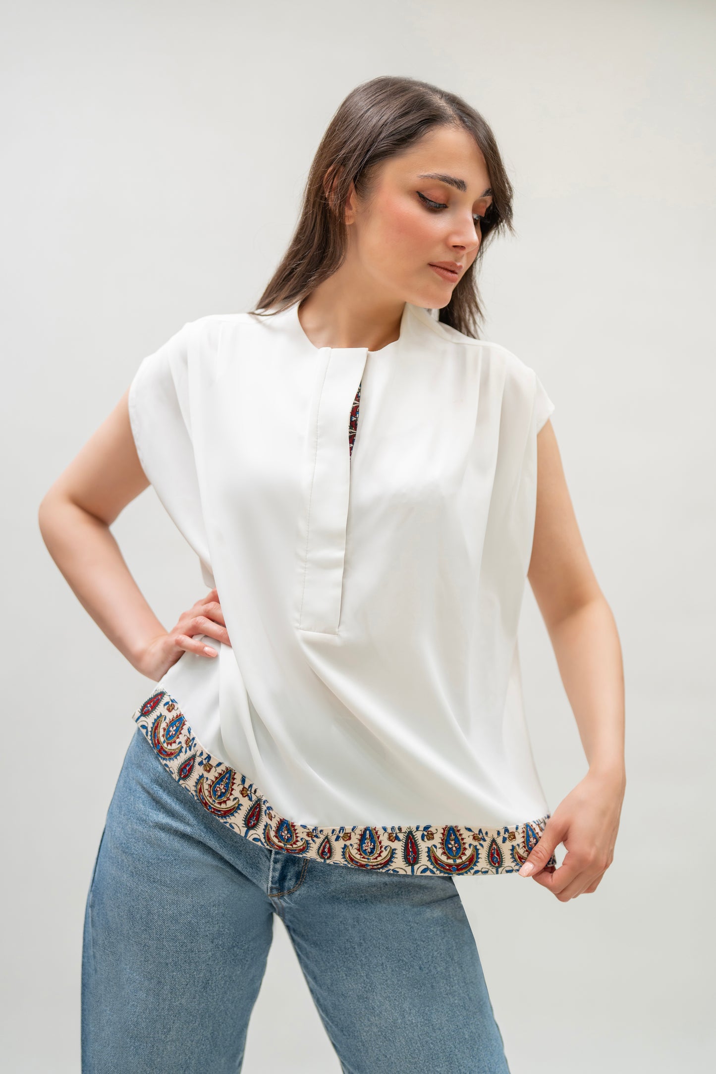White Top with Traditional Printed Trim
