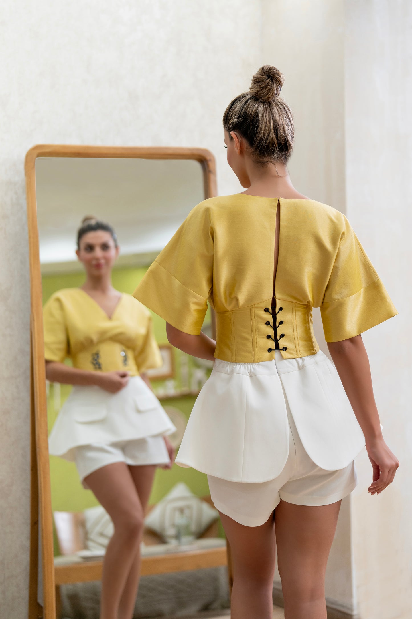 Yellow Structured V-Neck Top with Corset Waist – Handmade