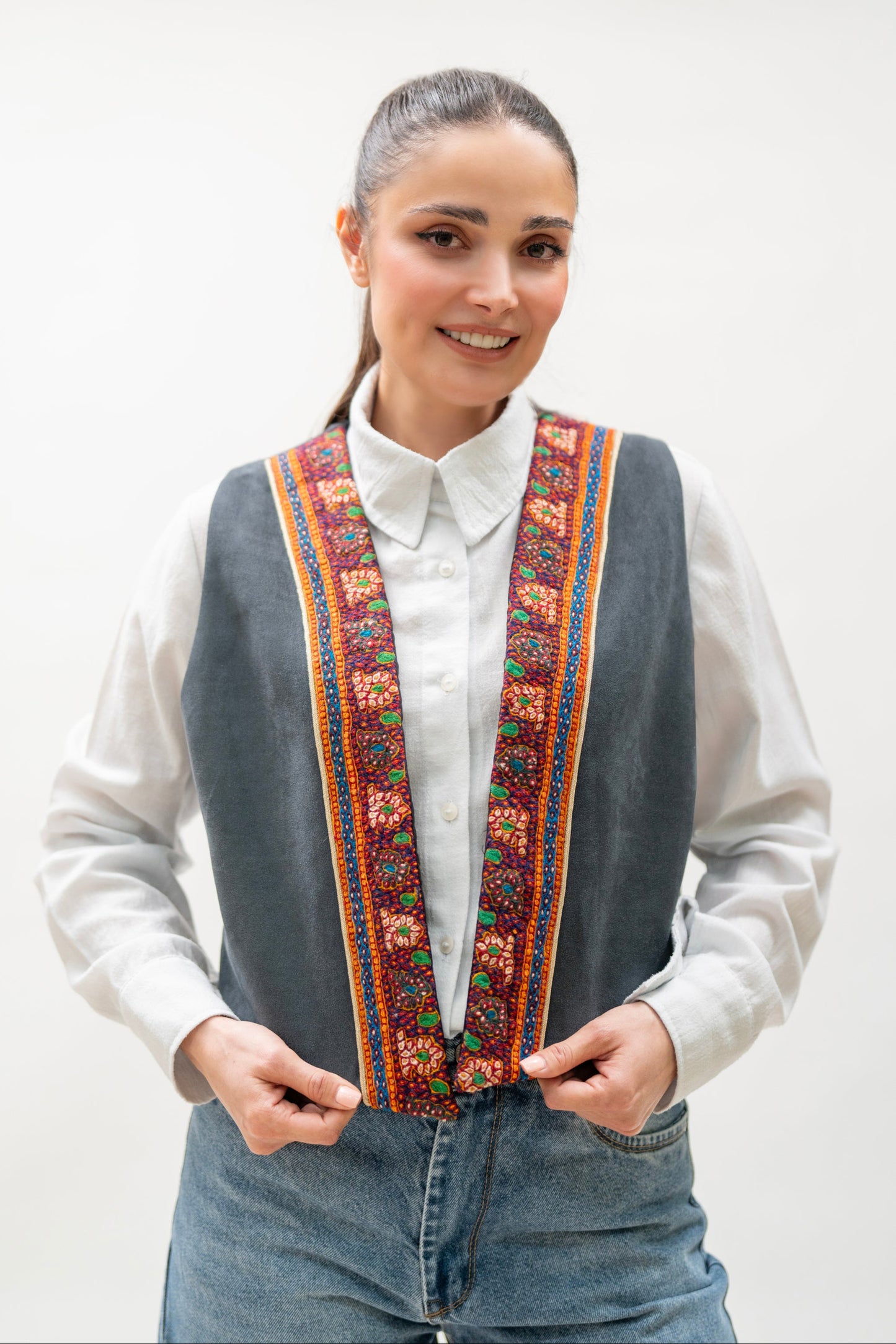 Hand-Embroidered Traditional Vest – Charcoal Gray & Multicolor Borders