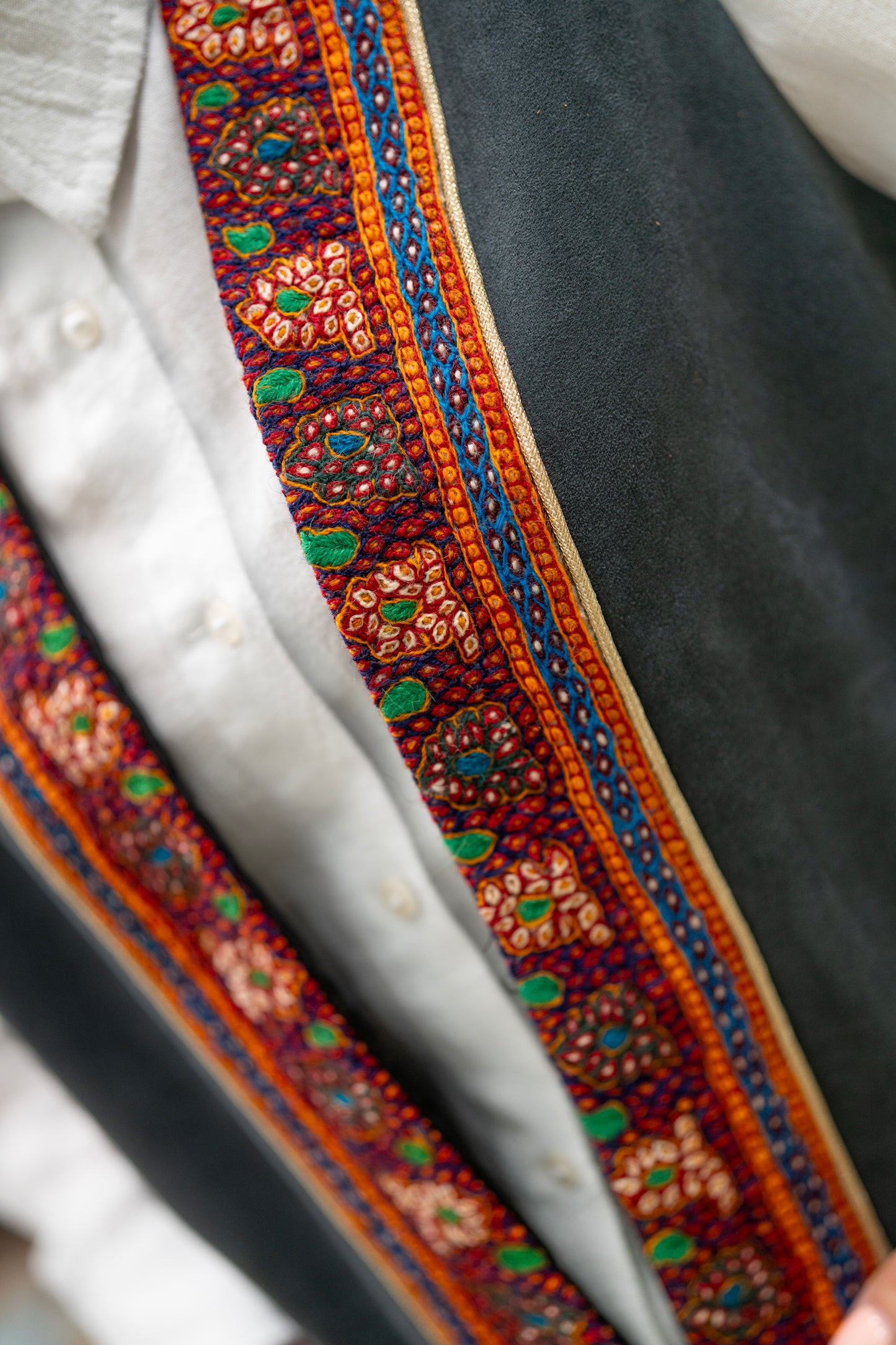 Hand-Embroidered Traditional Vest – Charcoal Gray & Multicolor Borders