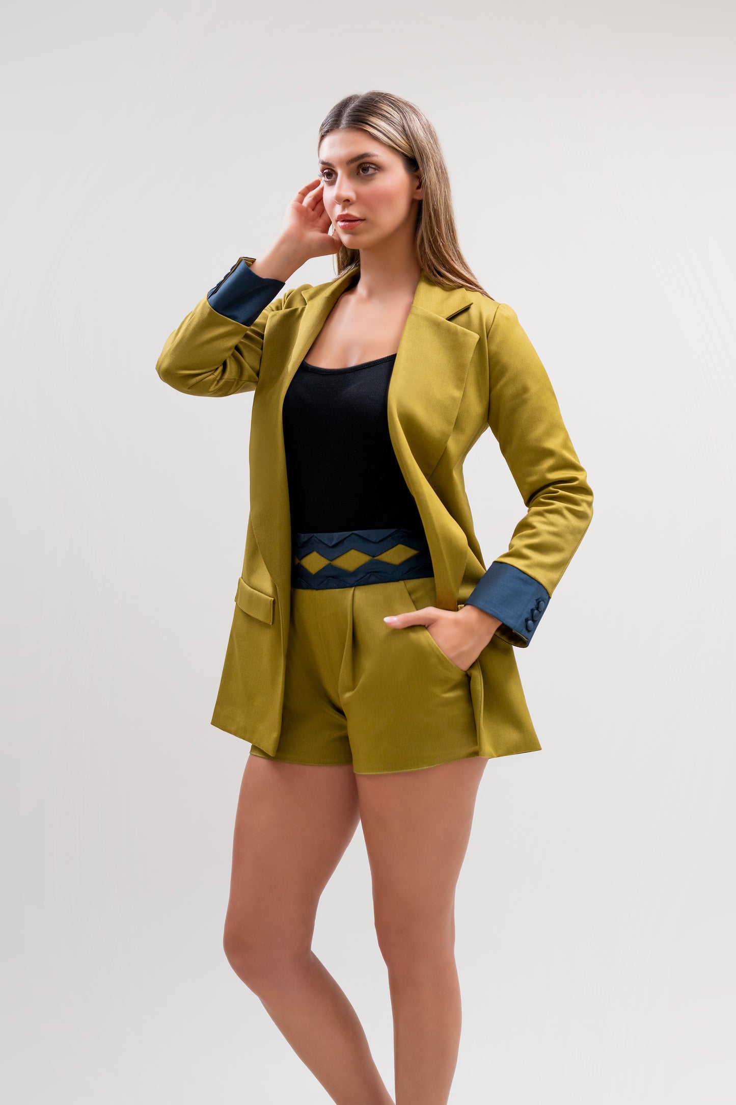 Handmade Olive Green Blazer & Shorts Set with Navy Details