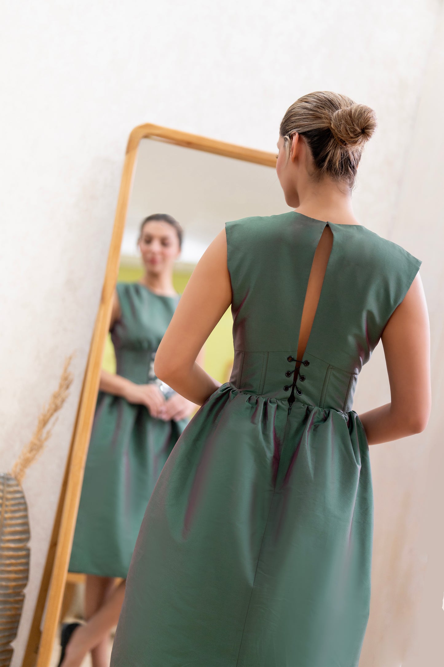 Green Midi Dress with Geometric Corset Detail – Handmade (Fits 36–40)
