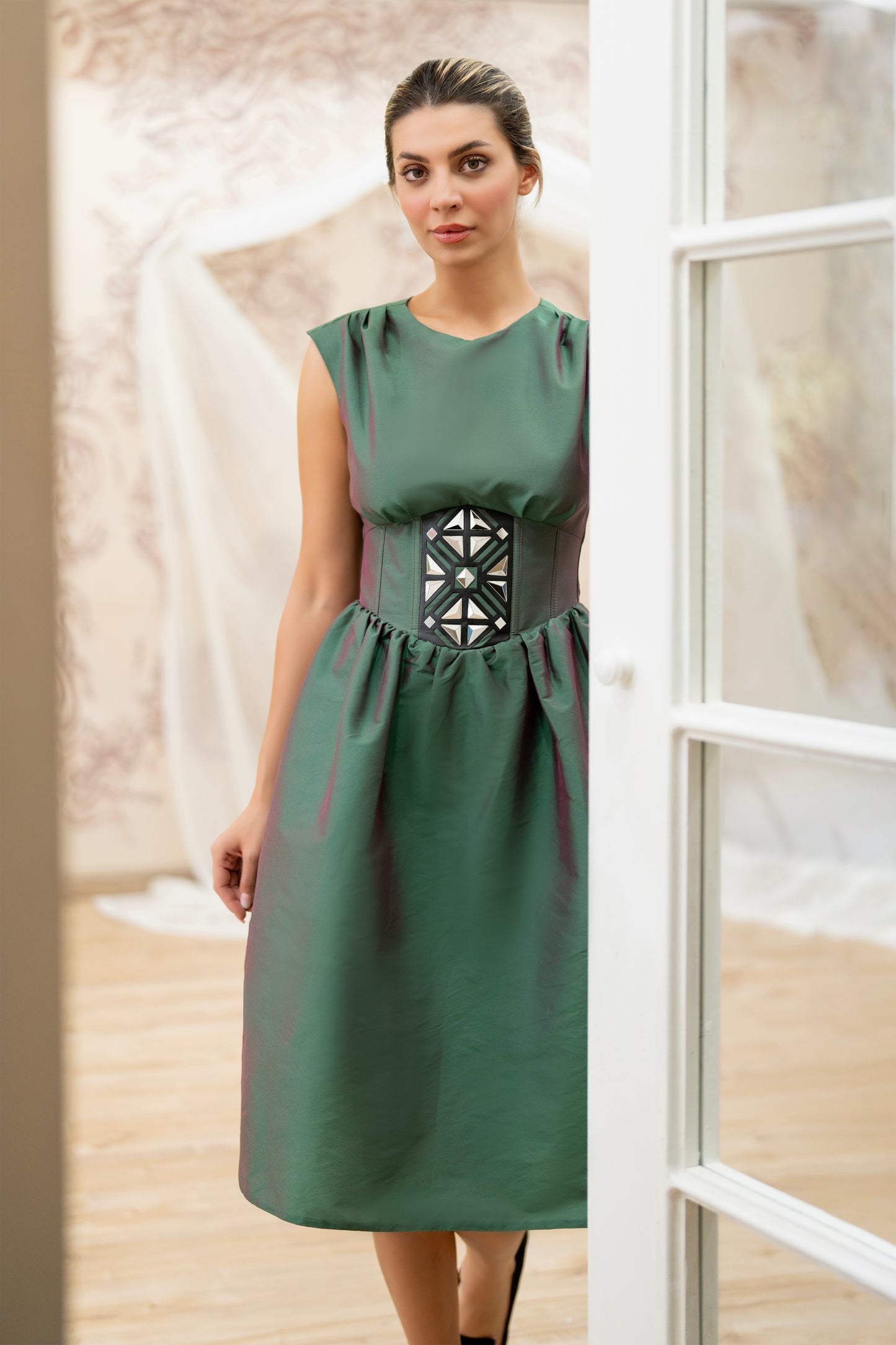 Green Midi Dress with Geometric Corset Detail – Handmade (Fits 36–40)