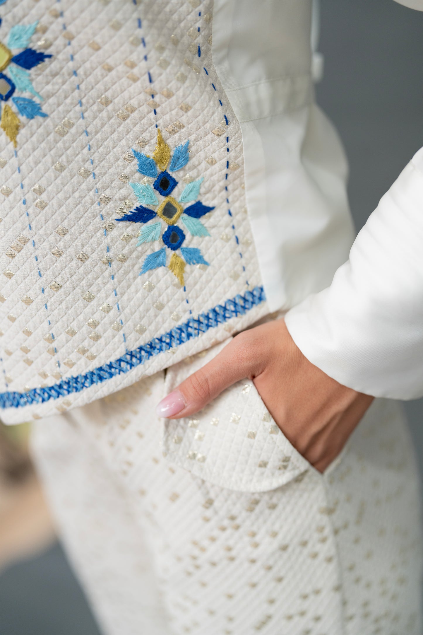 White & Blue Embroidered Three-Piece Set