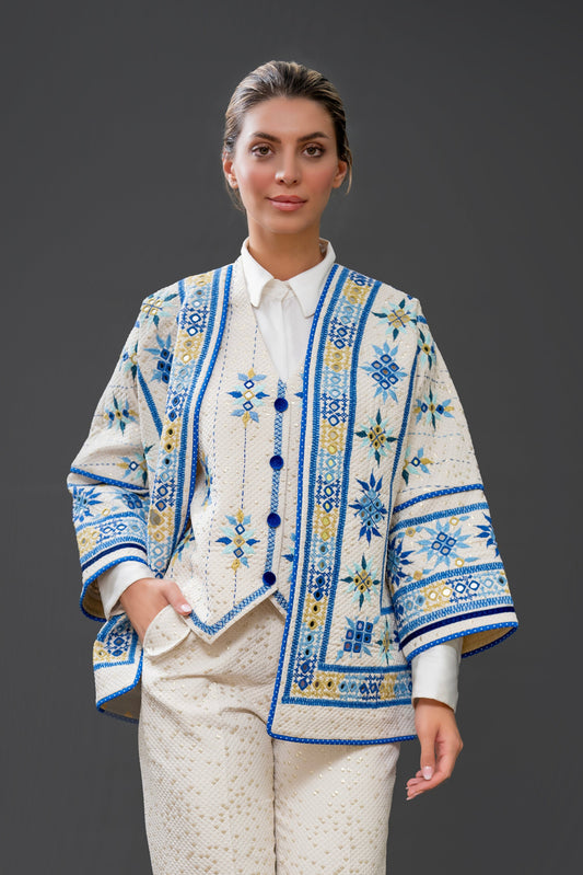 White & Blue Embroidered Open-front Jacket
