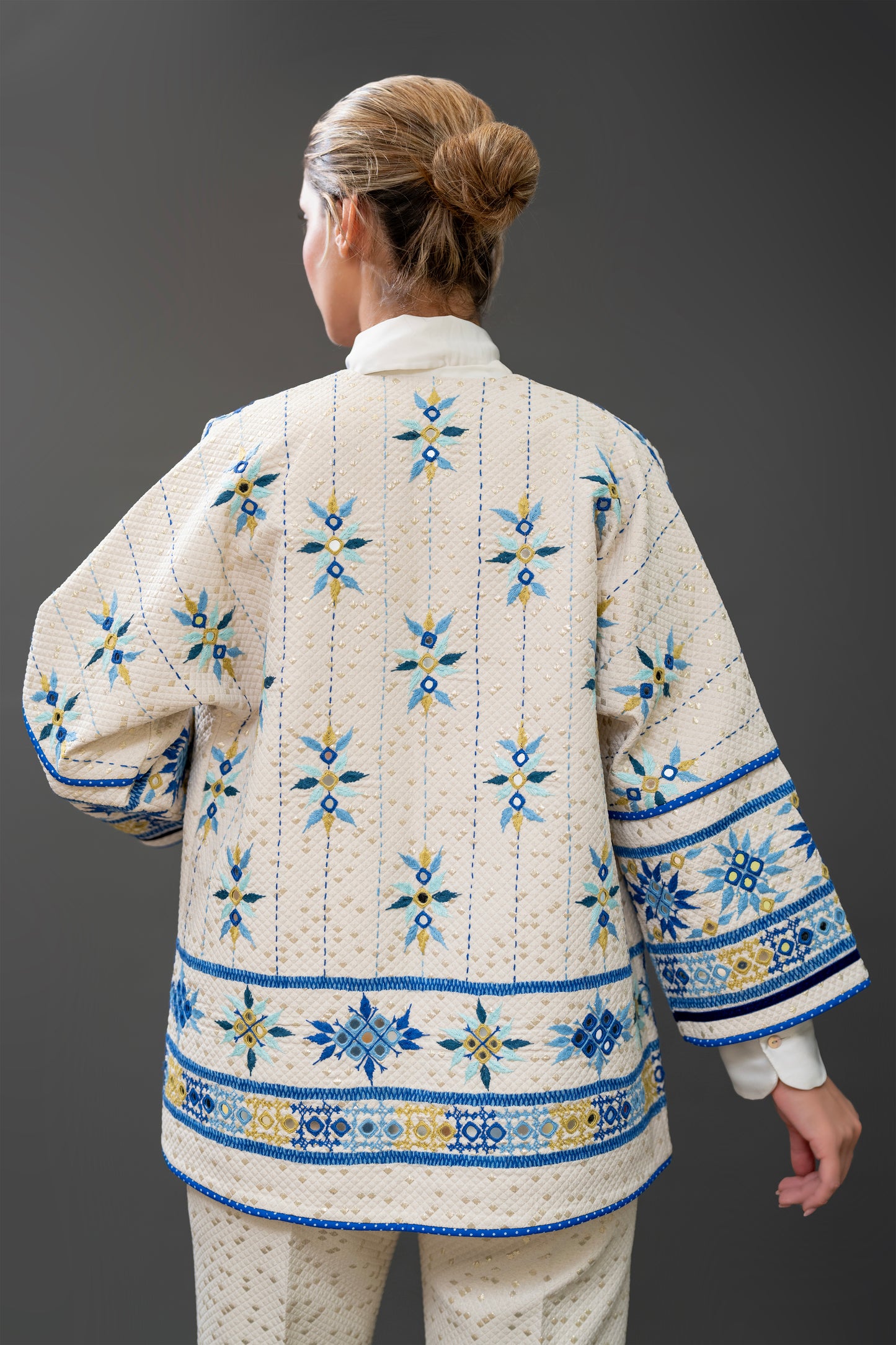 White & Blue Embroidered Three-Piece Set