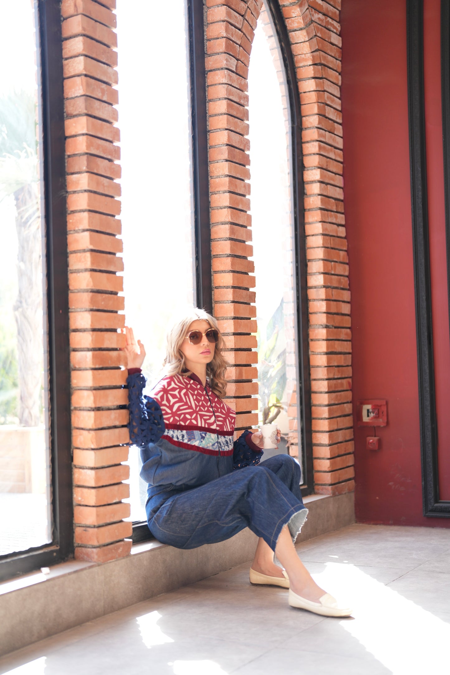 Denim Jacket with Cutout Sleeves and Patterned Panels