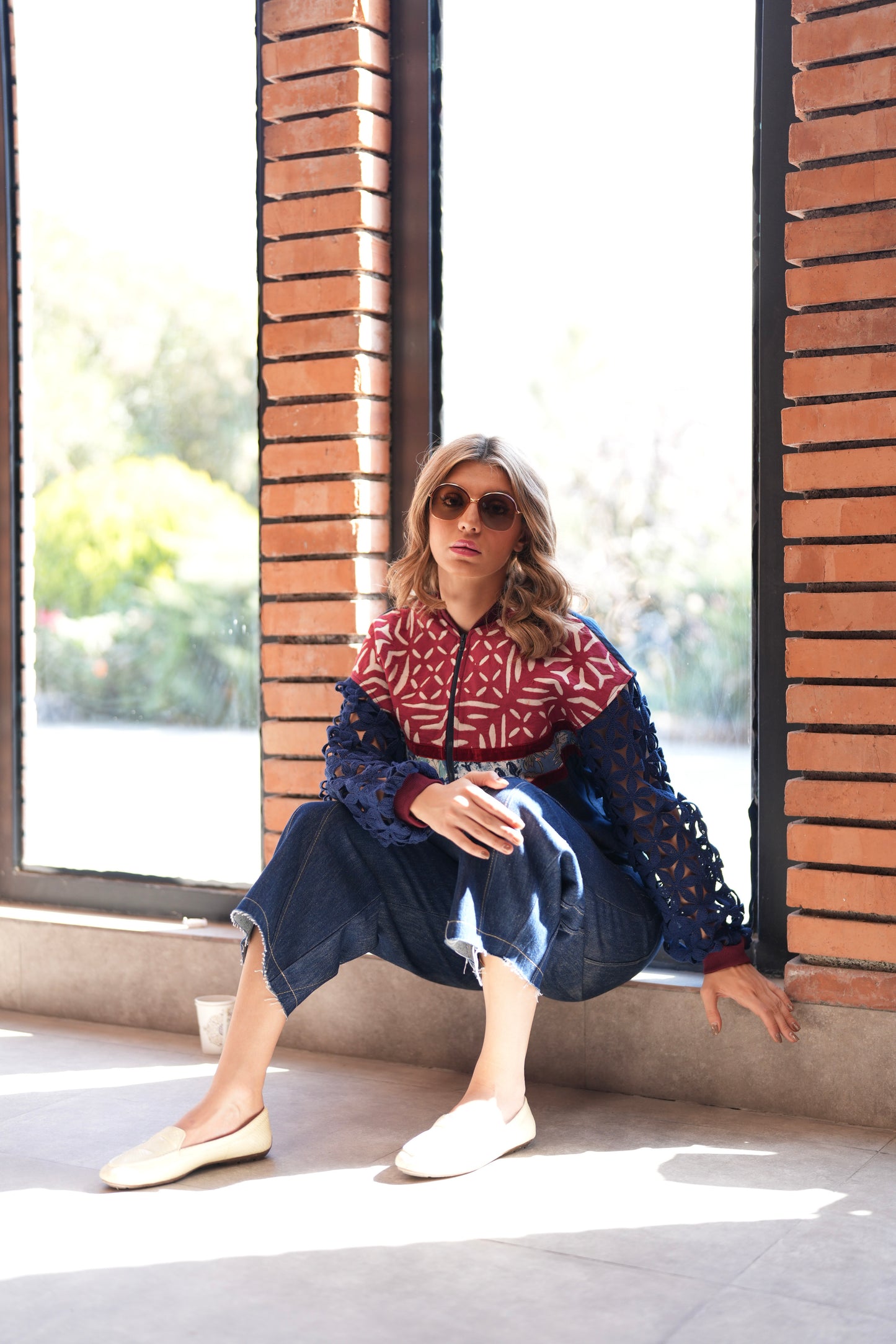 Denim Jacket with Cutout Sleeves and Patterned Panels